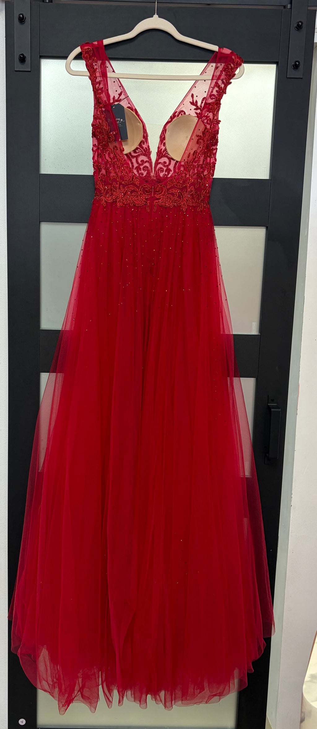 JVN by Jovani JVN41677 Red Sequin Fitted Gown with Lace-Up Back