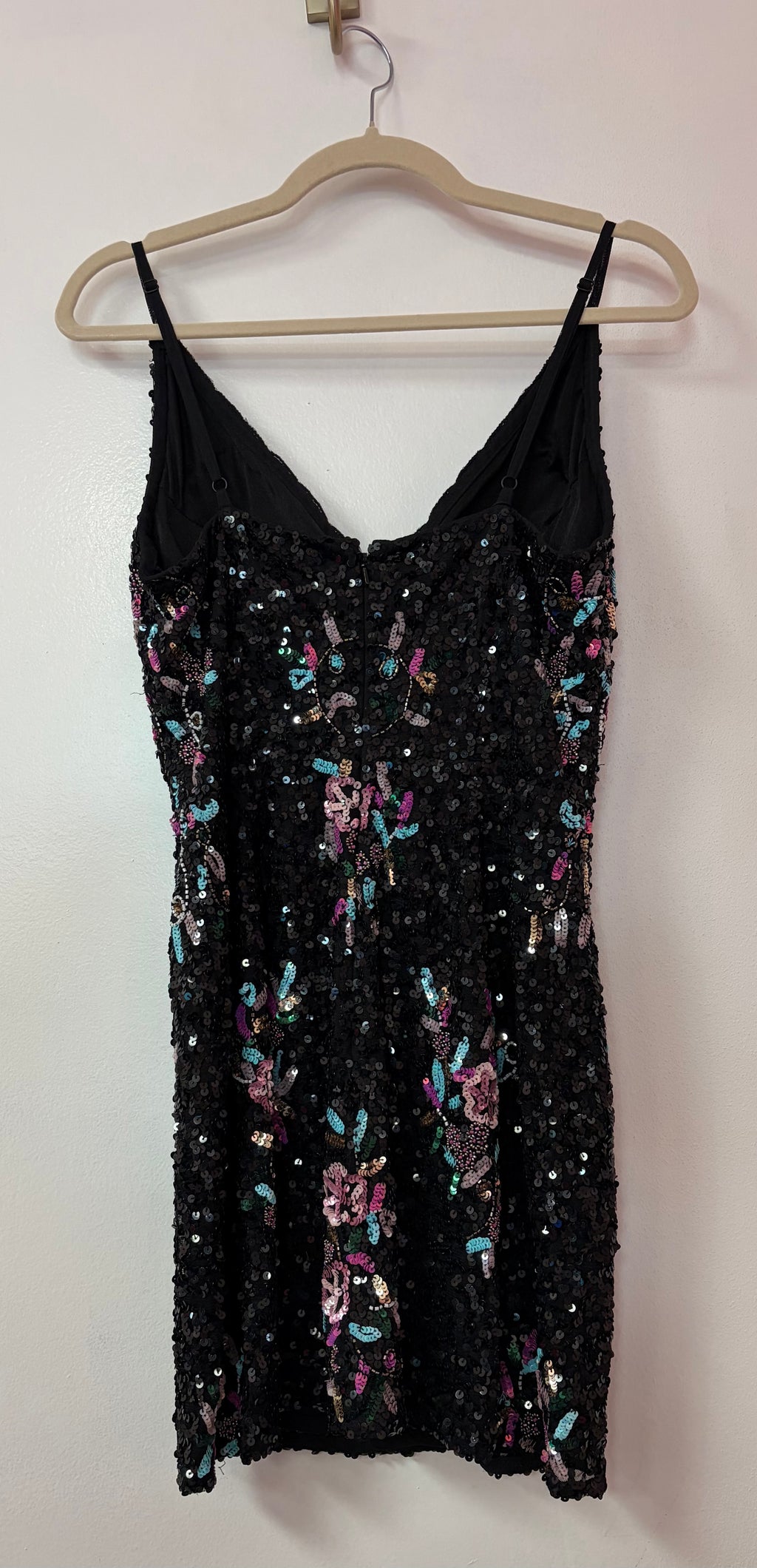 Aleta 759 Black Sequin Homecoming Dress with Multicolor Floral Embroidery and V-Neckline