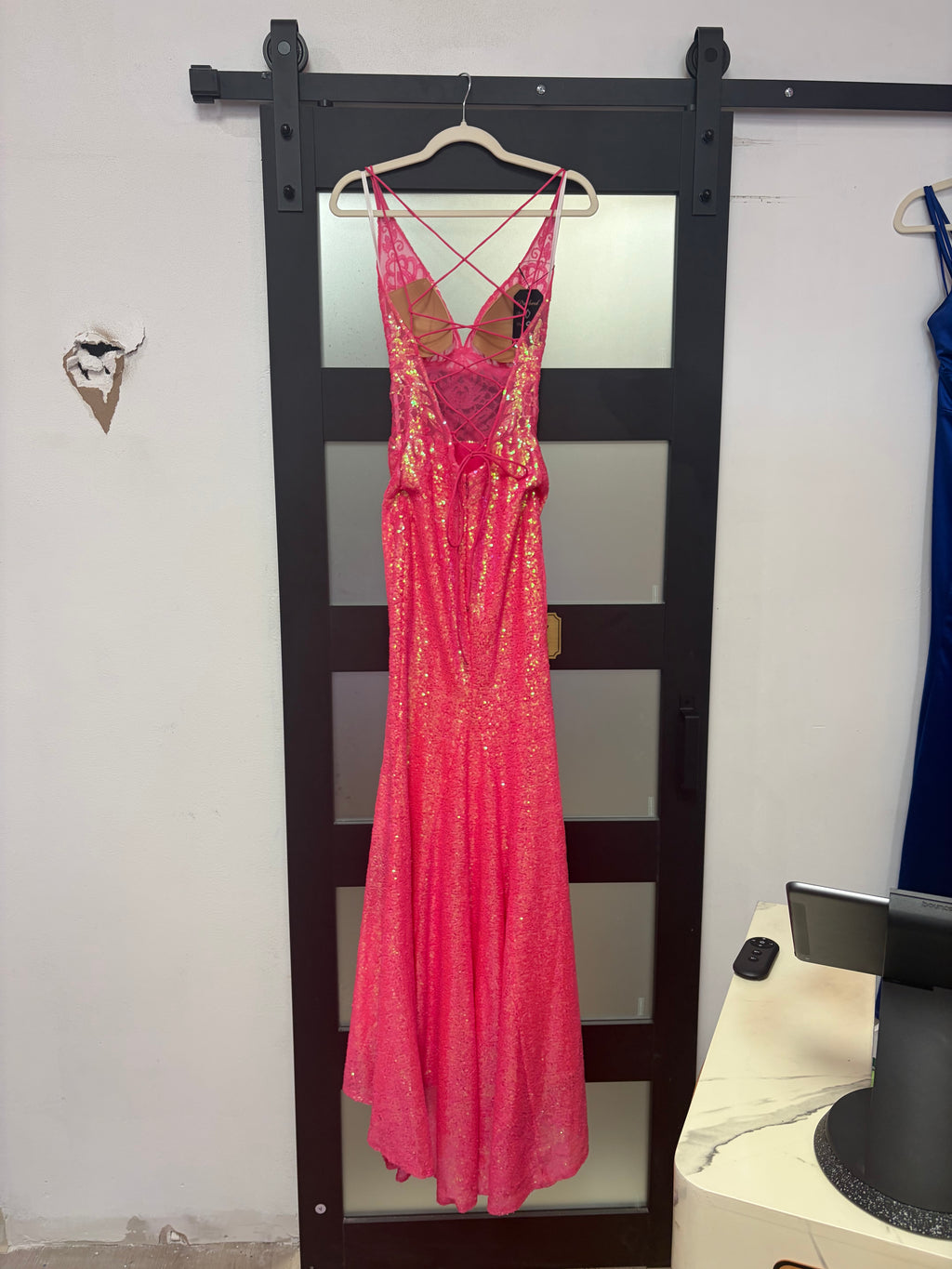 Hot Pink Iridescent Sequin Lace-Up Prom Dress with Plunging Neckline