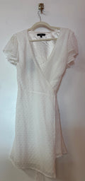 Lulus White Swiss Dot Wrap Mini Dress with Flutter Sleeves and Asymmetrical Hem