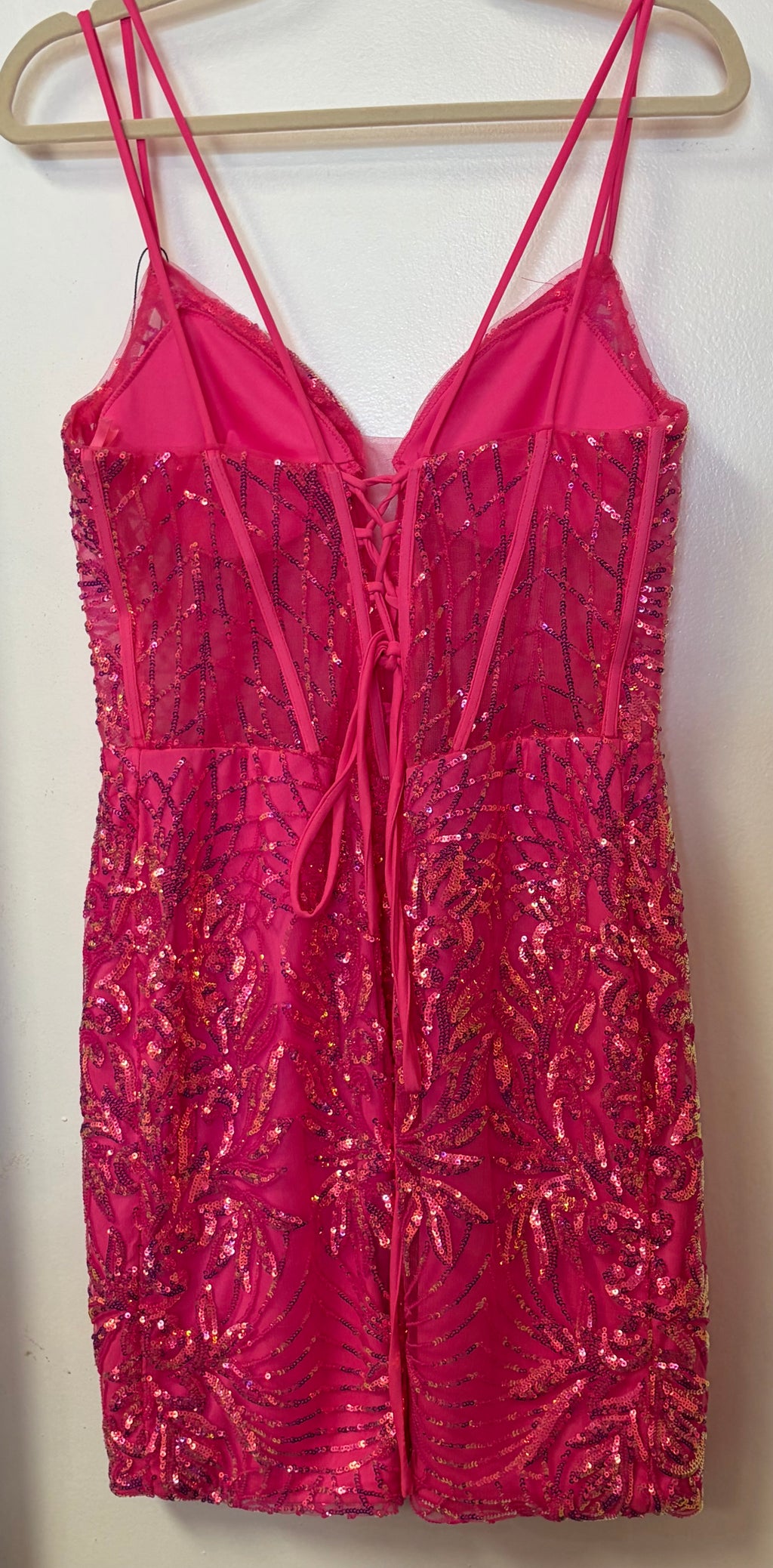 Stacees Hot Pink Sequin Corset Homecoming Dress Lace Up Back Cocktail Mini