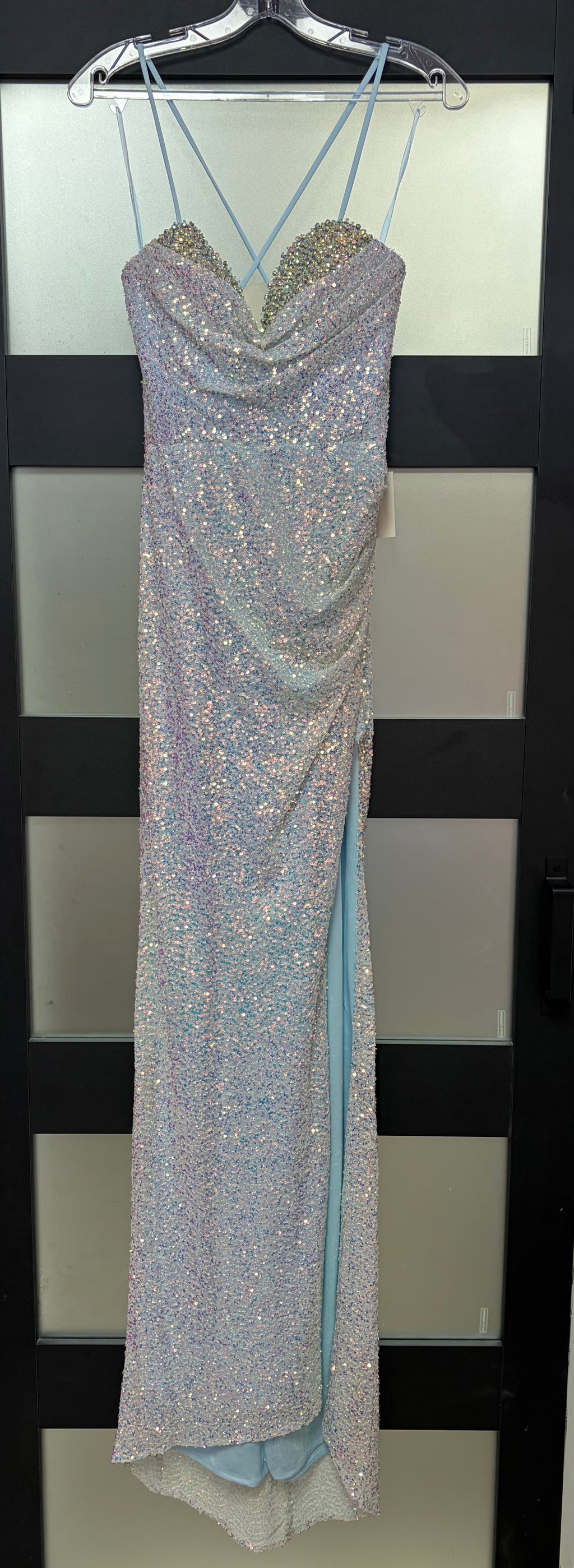 LaDivine CD278 Ice Blue Sequin Gown with Embellished Sweetheart Neckline