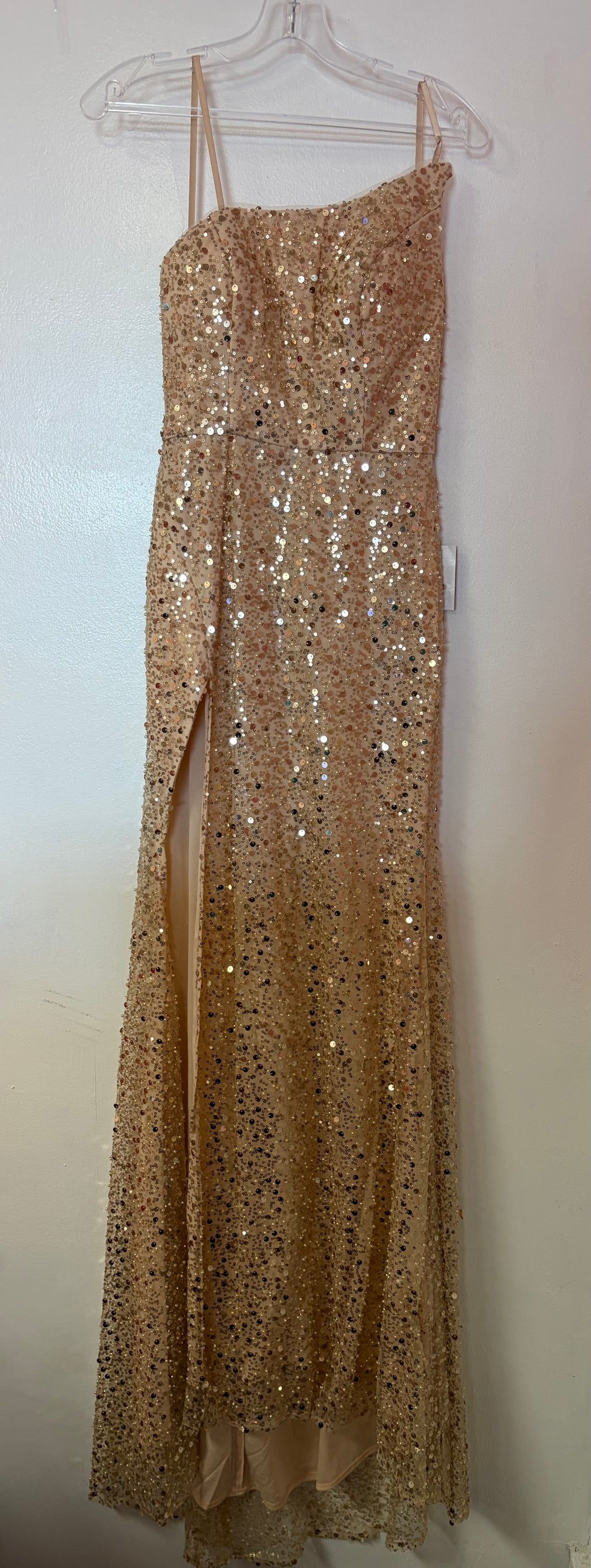 Cinderella Divine Champagne Sequin One-Shoulder High Slit Formal Gown