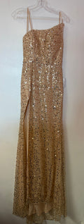 Cinderella Divine Champagne Sequin One-Shoulder High Slit Formal Gown