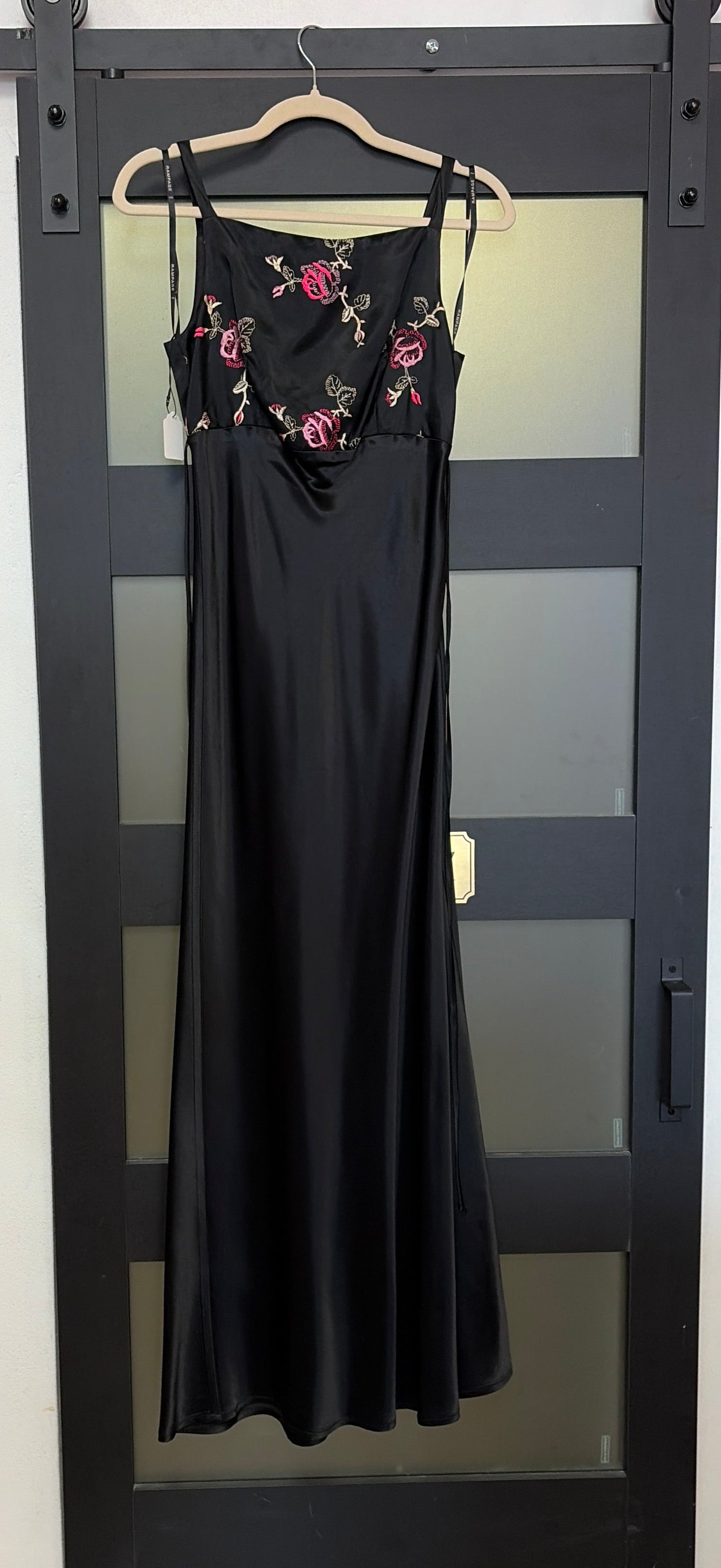 Rampage black silk dress with floral bust detailing
