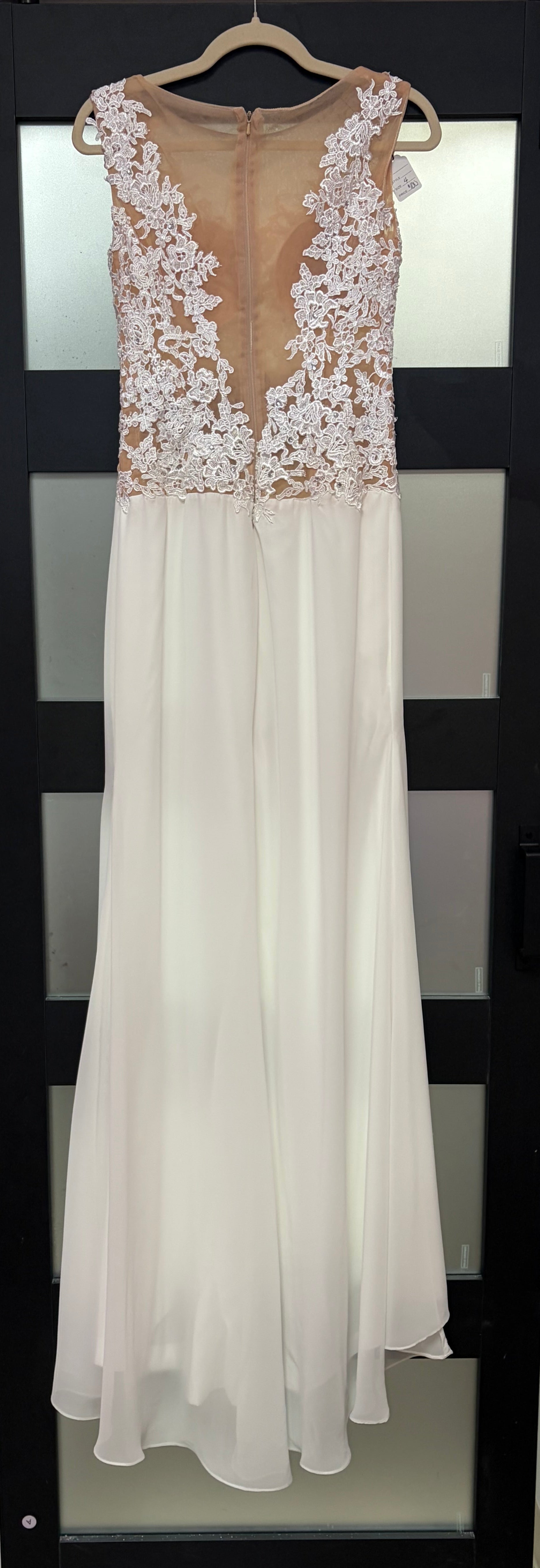 White Lace Illusion Bridal Gown with Floral Appliqué Bodice and Chiffon Skirt