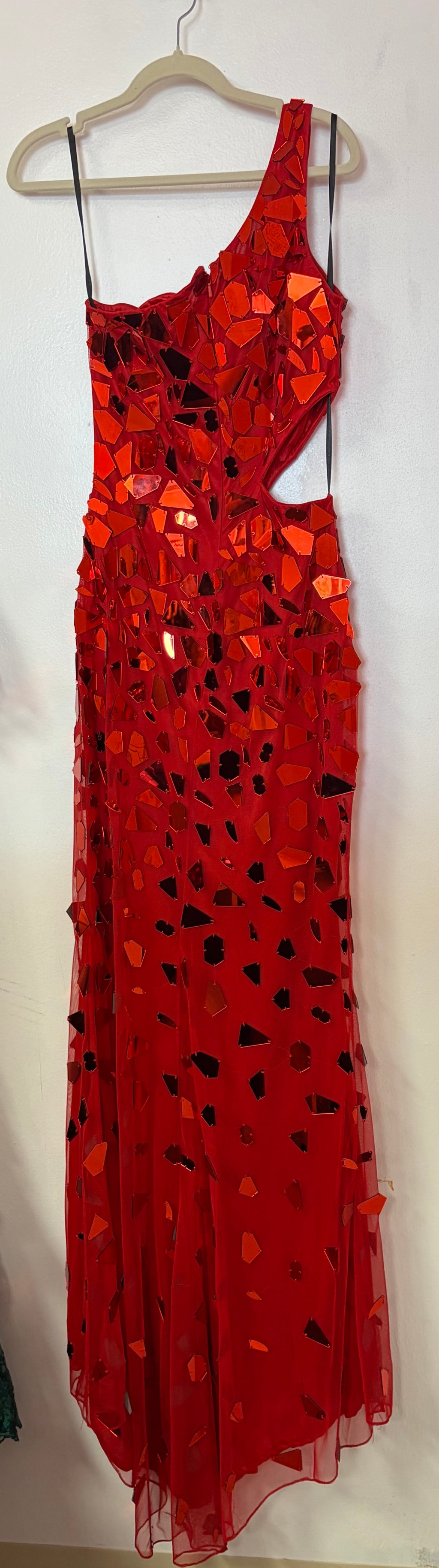 Primavera Couture 3623 Red Mirror Sequin One-Shoulder Gown