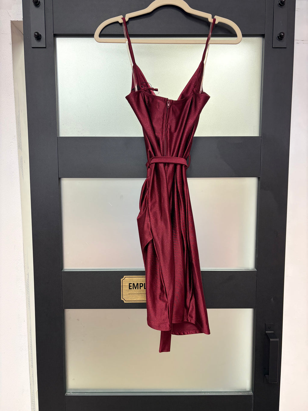 Honey and Rosie Burgundy Shimmer Satin Wrap Cocktail Dress with Cowl Neck