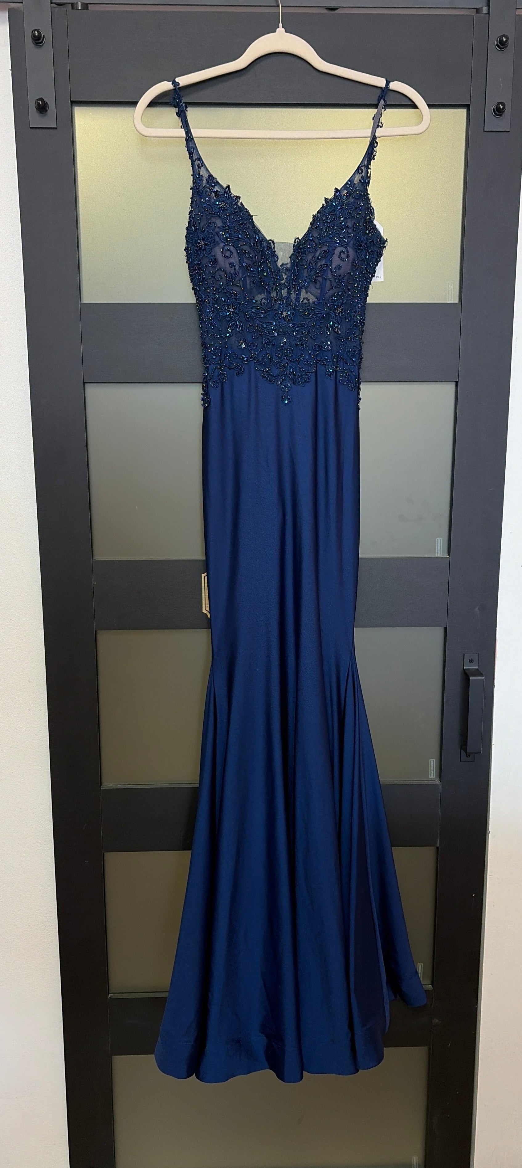 Ellie Wilde style EW120007 navy blue gown with beautiful detailing on top