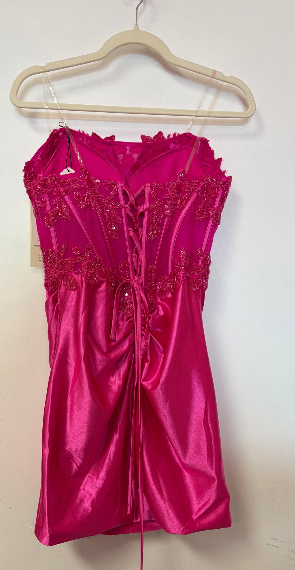 Stacees Hot Pink Satin Corset Homecoming Dress with Lace Appliqué Detail