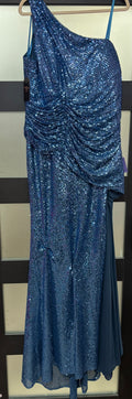 LaDivine CH077C Sapphire Blue One-Shoulder Sequin Formal Gown with Ruched Overlay