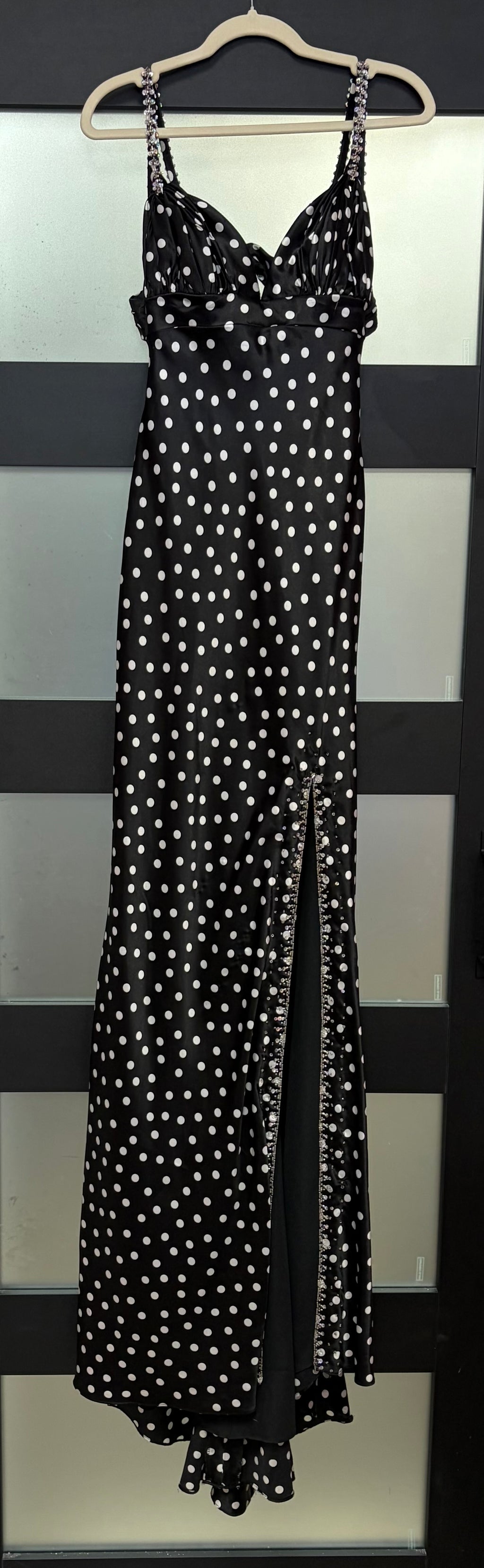 Morilee 7251 Black & White Polka Dot Sleeveless A-Line Formal Gown with Front Slit