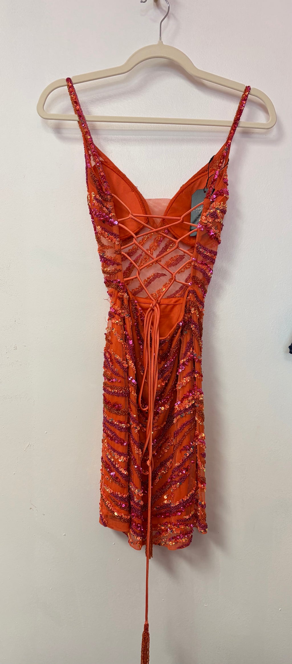 Rachel Allan 30051 Orange Sequin Homecoming Dress with Beaded Tiger Stripe Design and Lace-Up Back