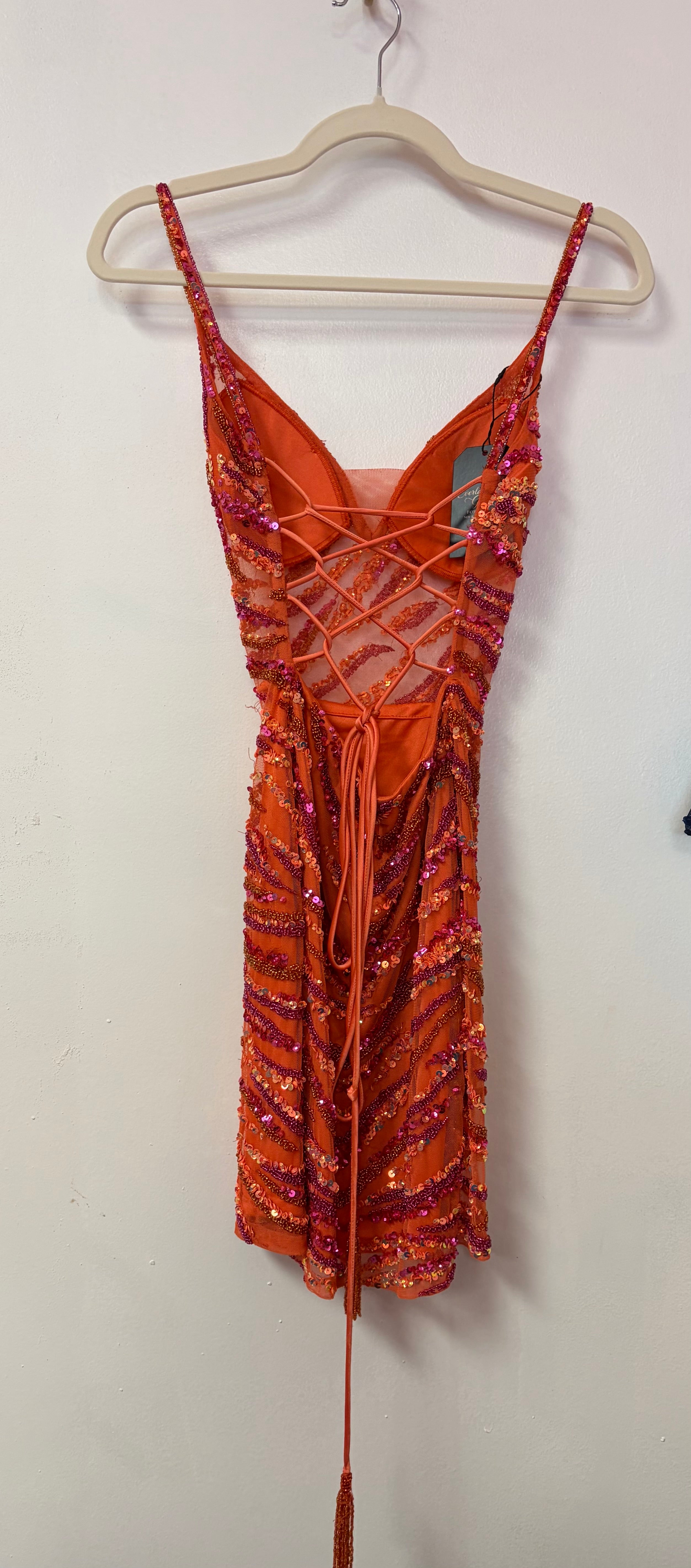 Rachel Allan 30051 Orange Sequin Homecoming Dress with Beaded Tiger Stripe Design and Lace-Up Back