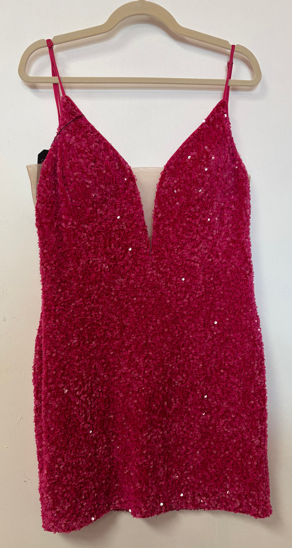 Alyce Paris Hot Pink Sequin Homecoming Dress with Plunging Illusion Neckline