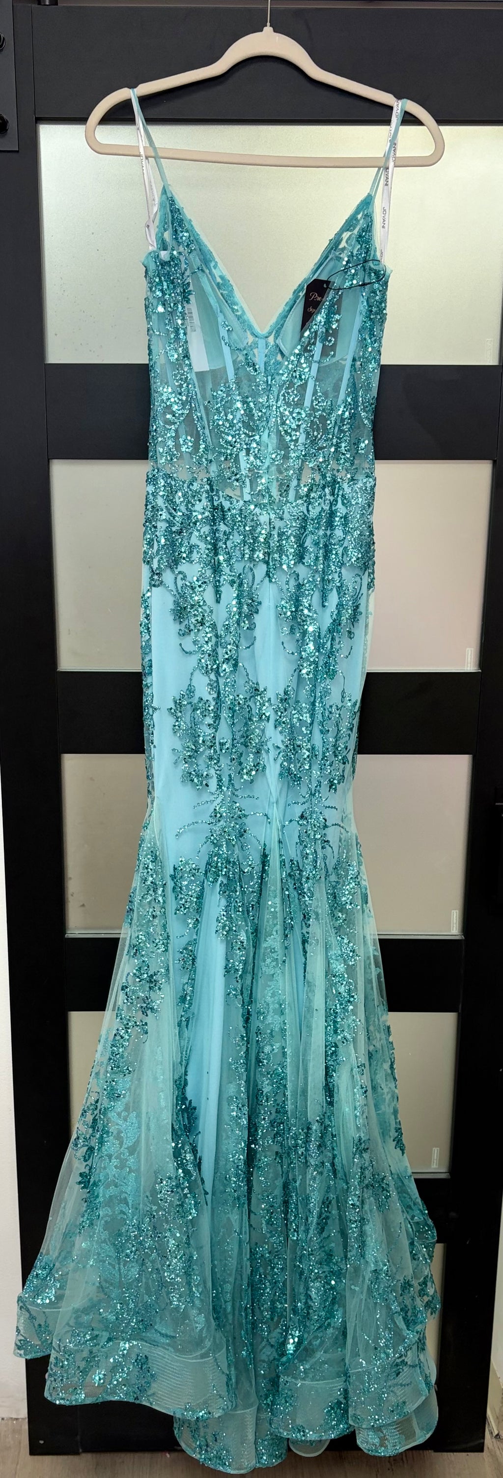 Jovani 3675 Aqua Beaded Mermaid Prom Dress with Sheer Corset Bodice