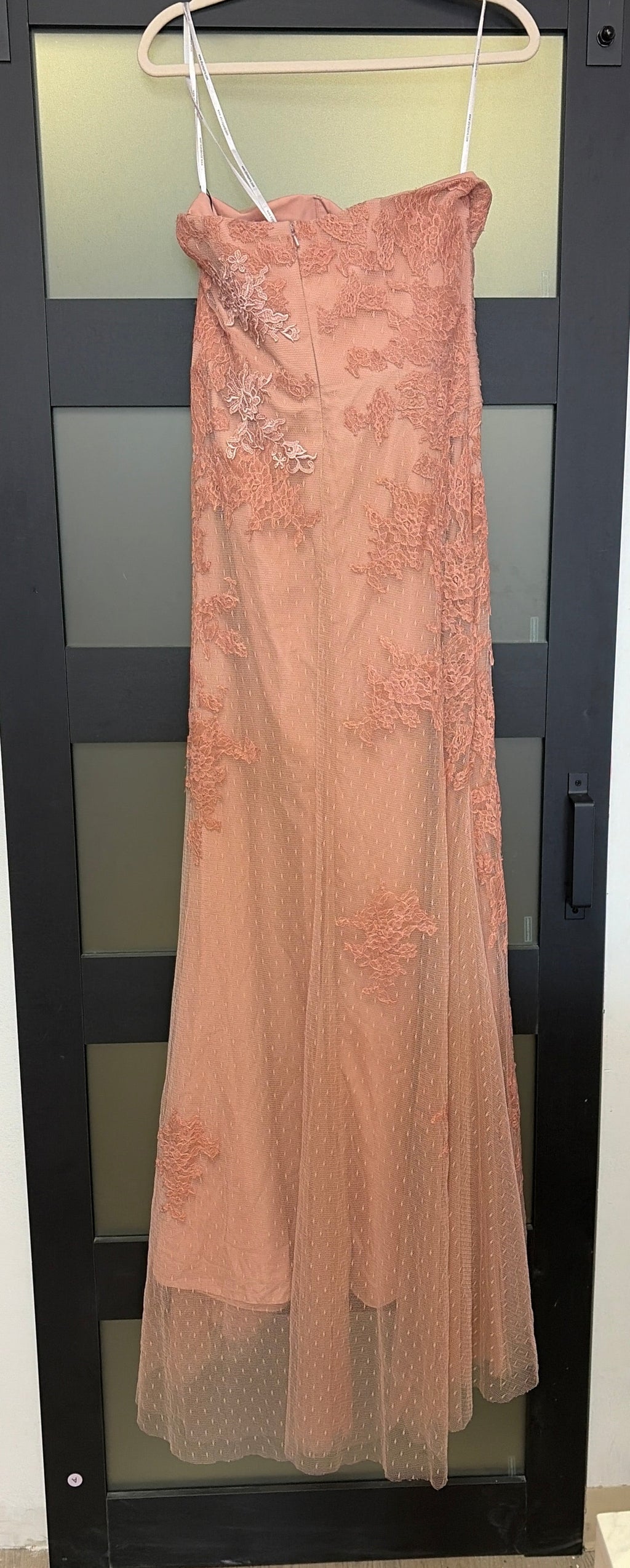 Alyce Paris strappless lace dress dusty rose