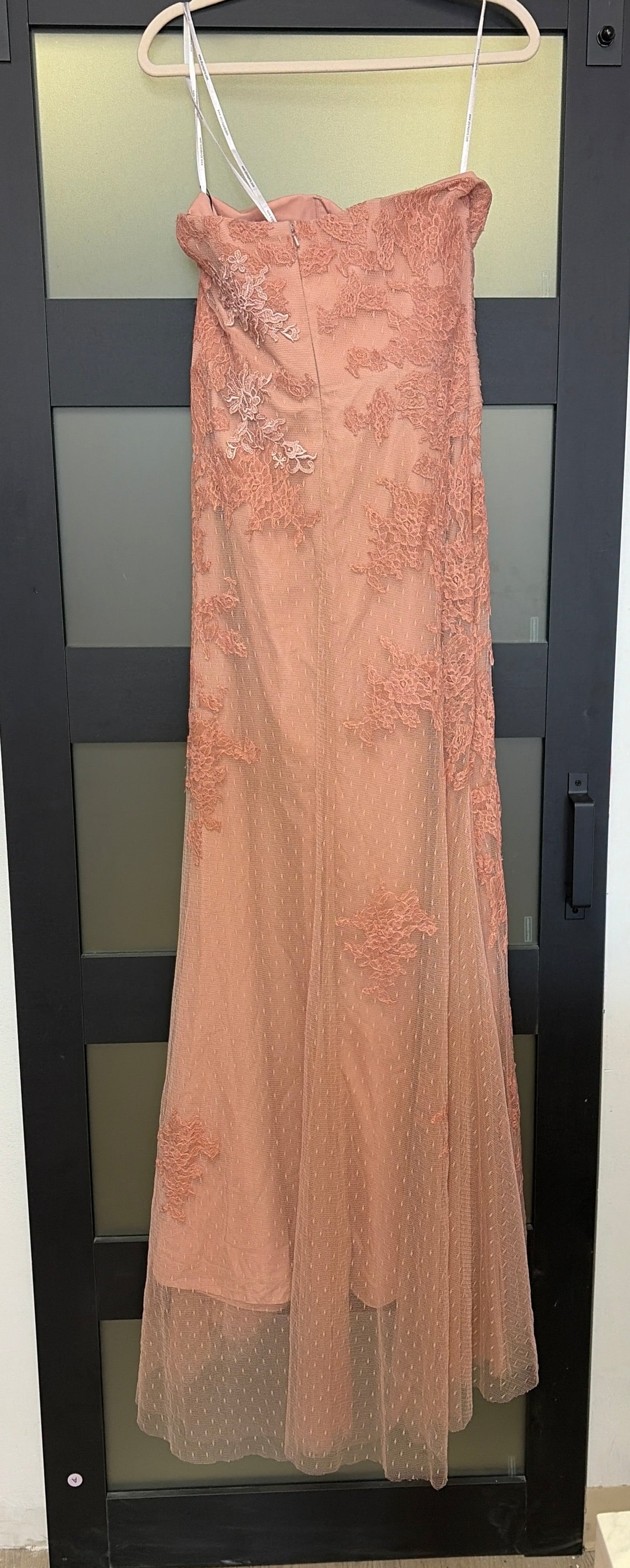 Alyce Paris strappless lace dress dusty rose