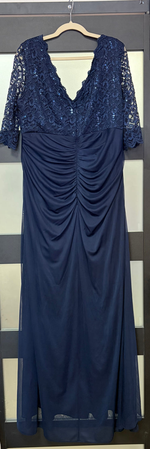 Betsy & Adam Navy Lace Formal Gown