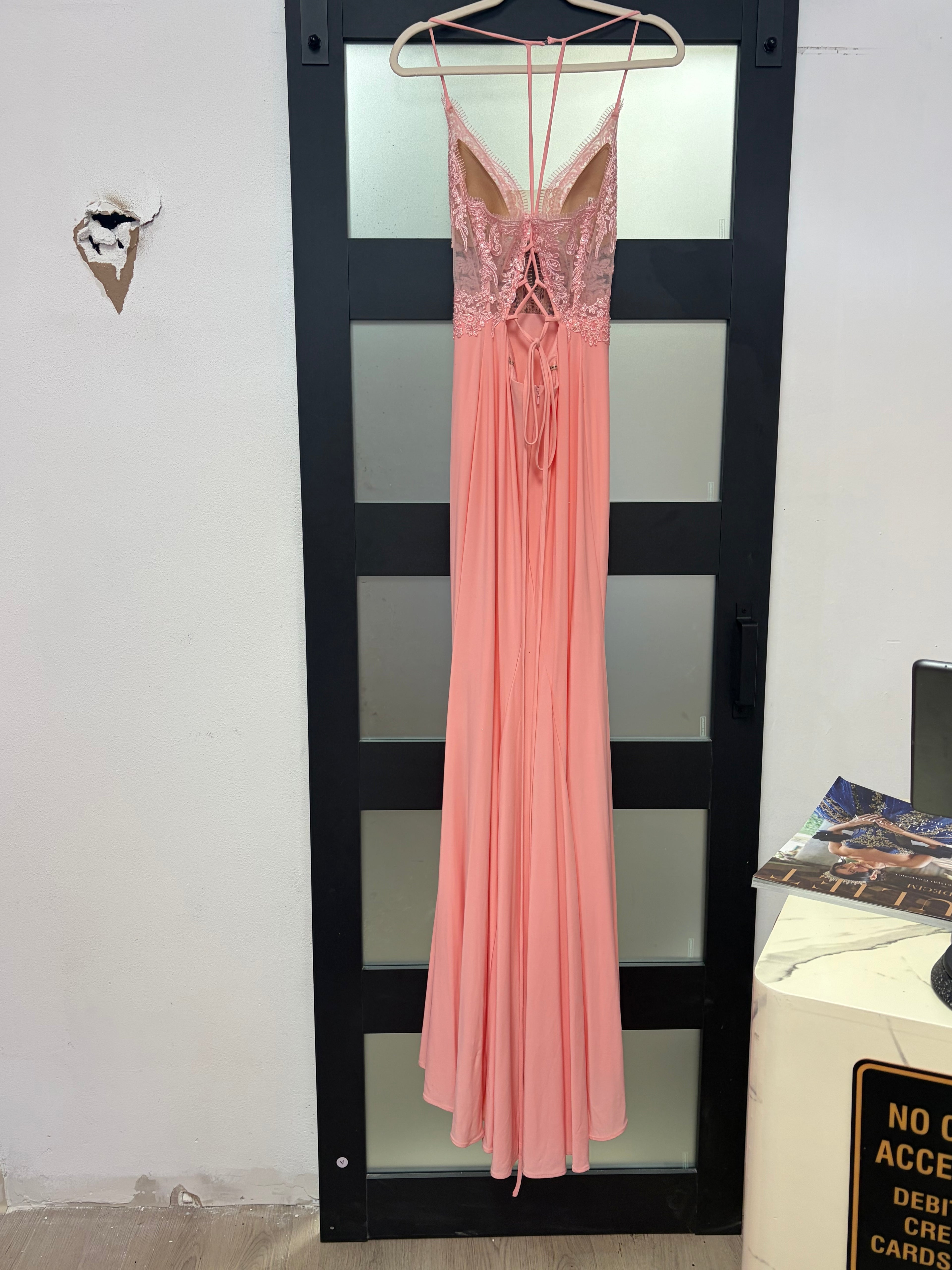 Faviana S10273 Soft Blush Lace Bodice Jersey Gown with Lace-Up Back