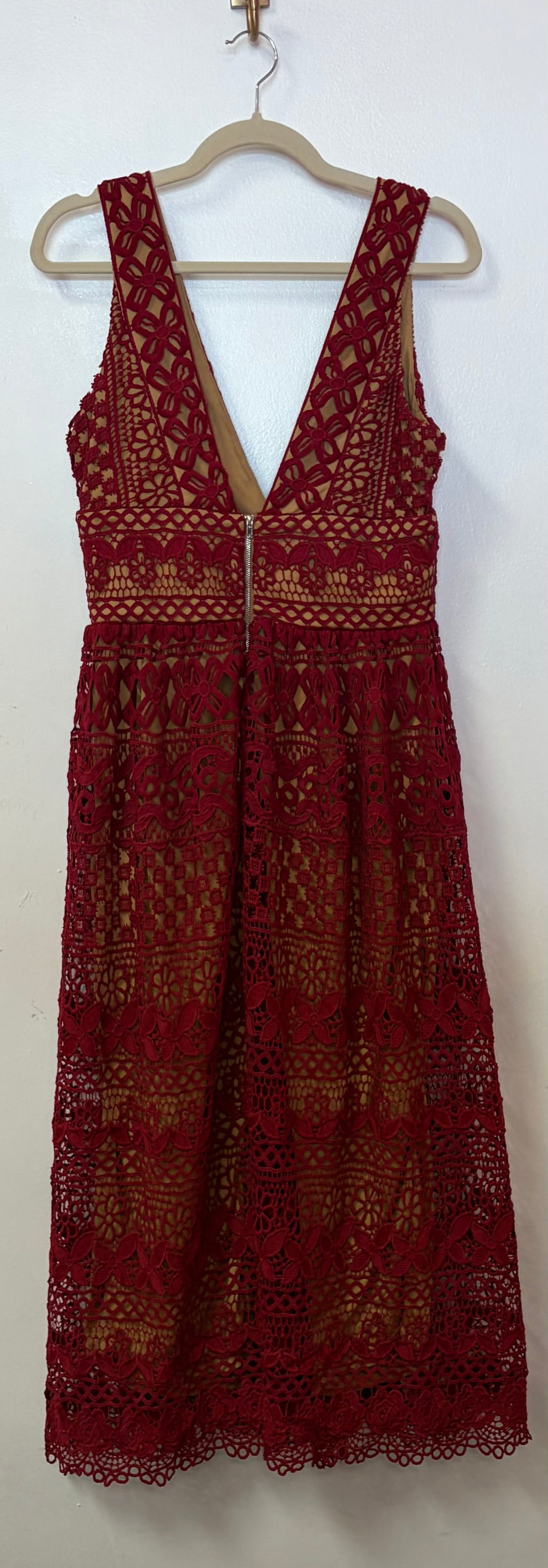 Boohoo Burgundy Crochet Lace Plunge Fit and Flare Dress
