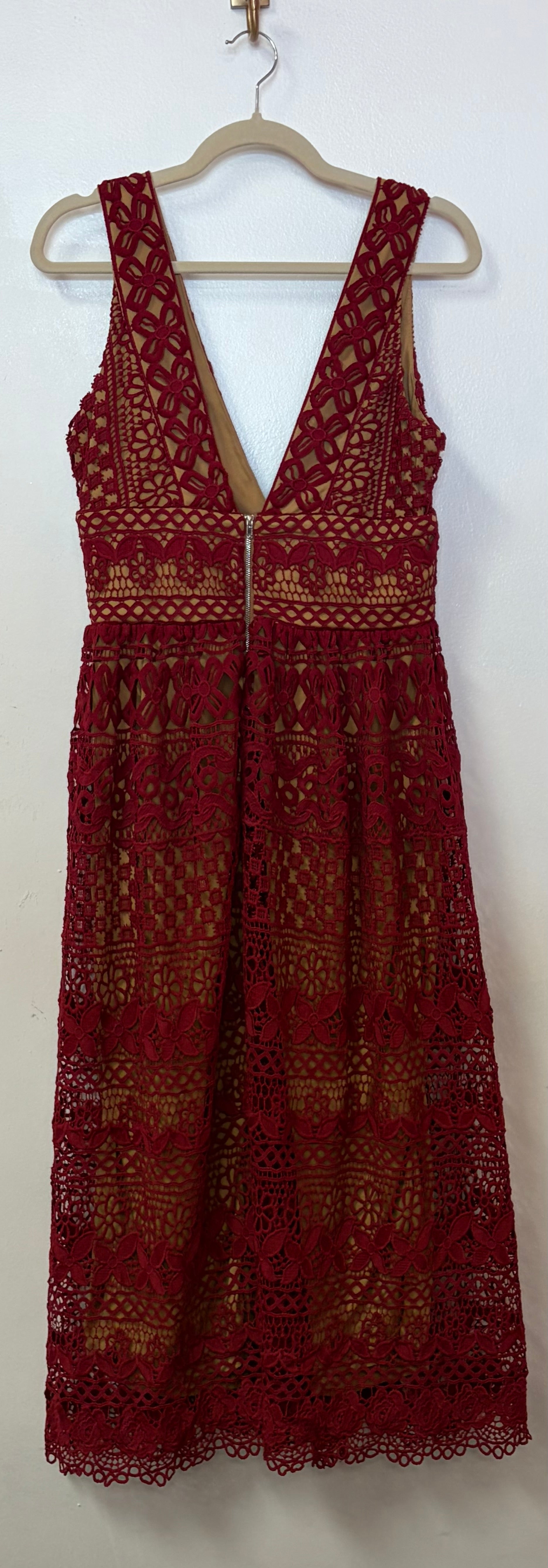 Boohoo Burgundy Crochet Lace Plunge Fit and Flare Dress