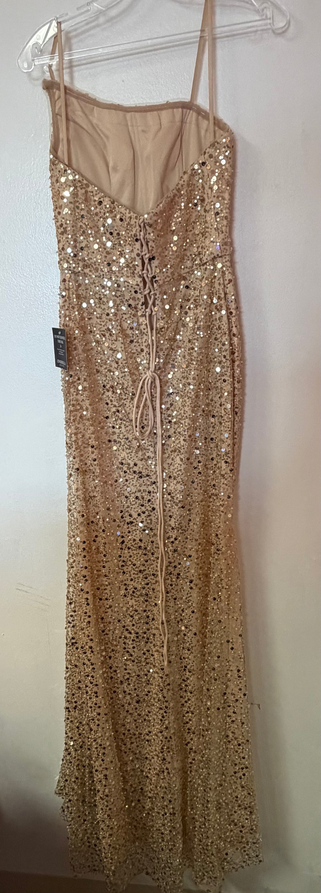 Cinderella Divine Champagne Sequin One-Shoulder High Slit Formal Gown