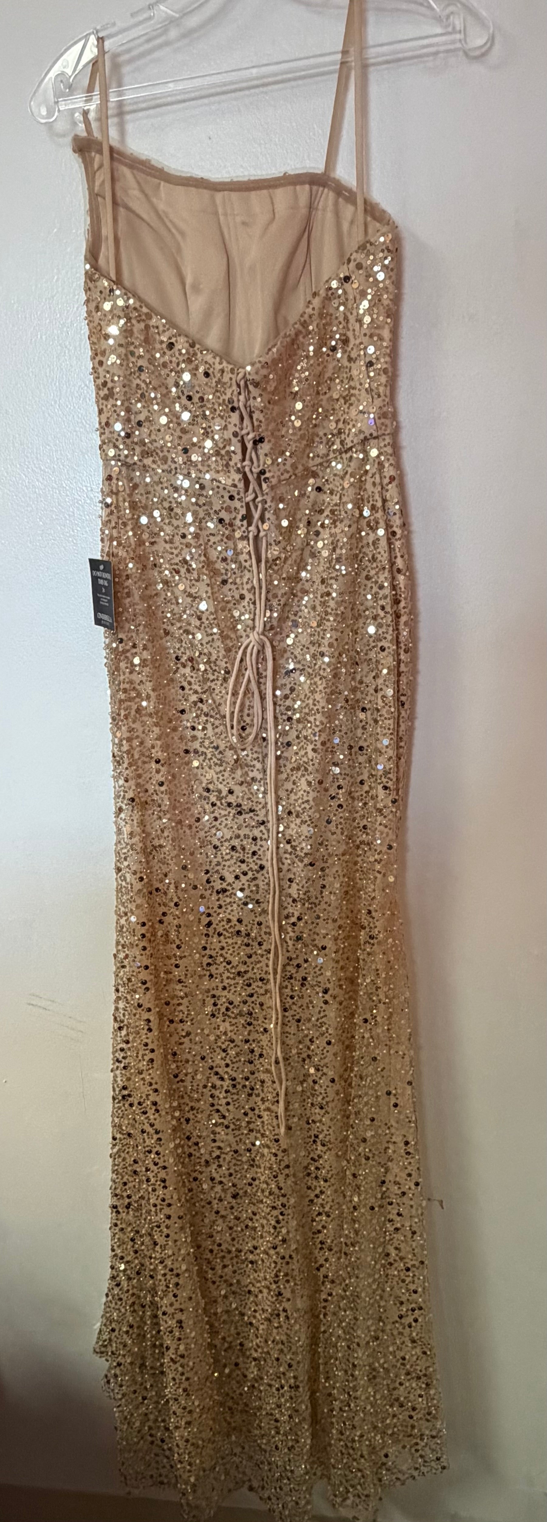 Cinderella Divine Champagne Sequin One-Shoulder High Slit Formal Gown
