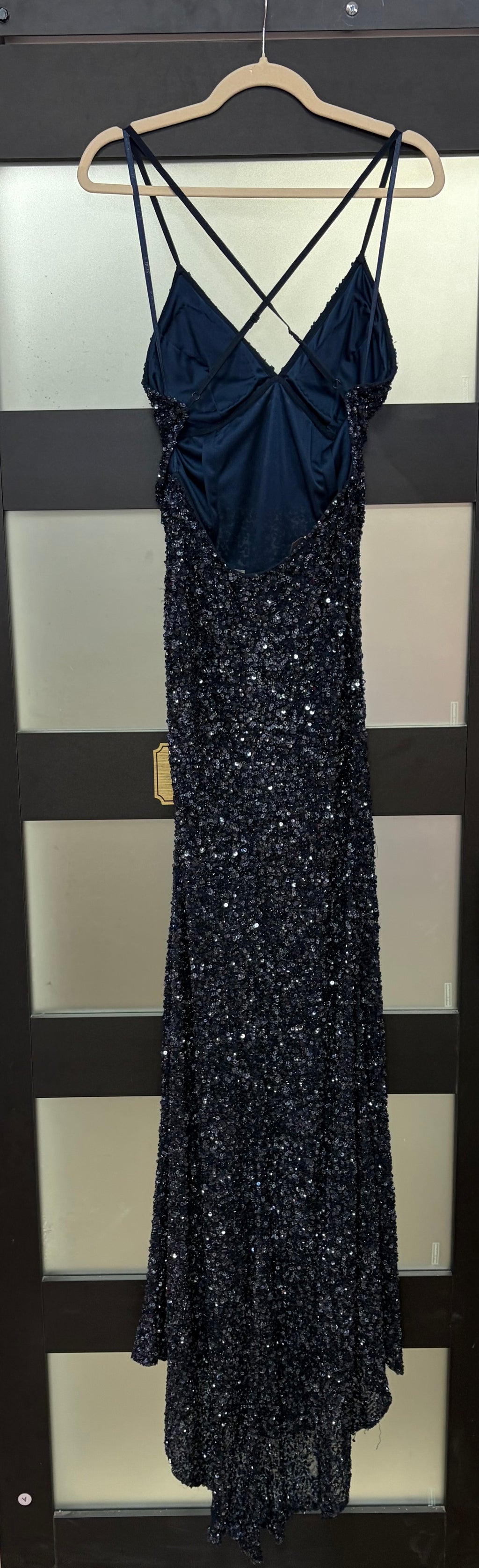 Scala Midnight Navy Fully Sequined Evening Gown with Open Back