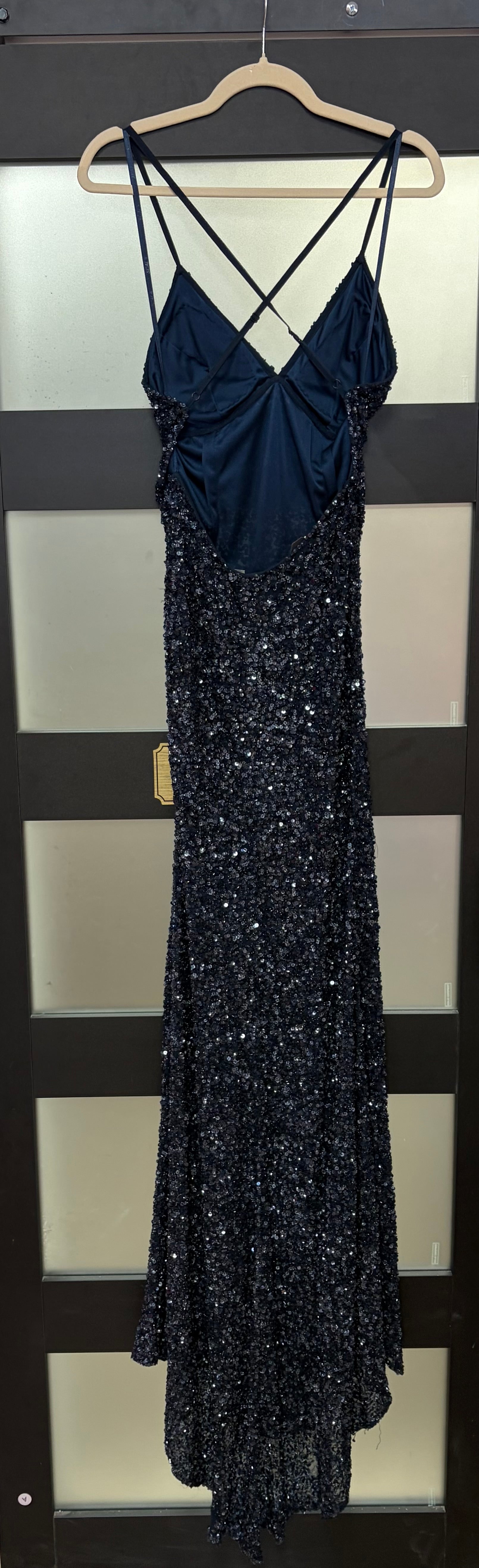 Scala Midnight Navy Fully Sequined Evening Gown with Open Back