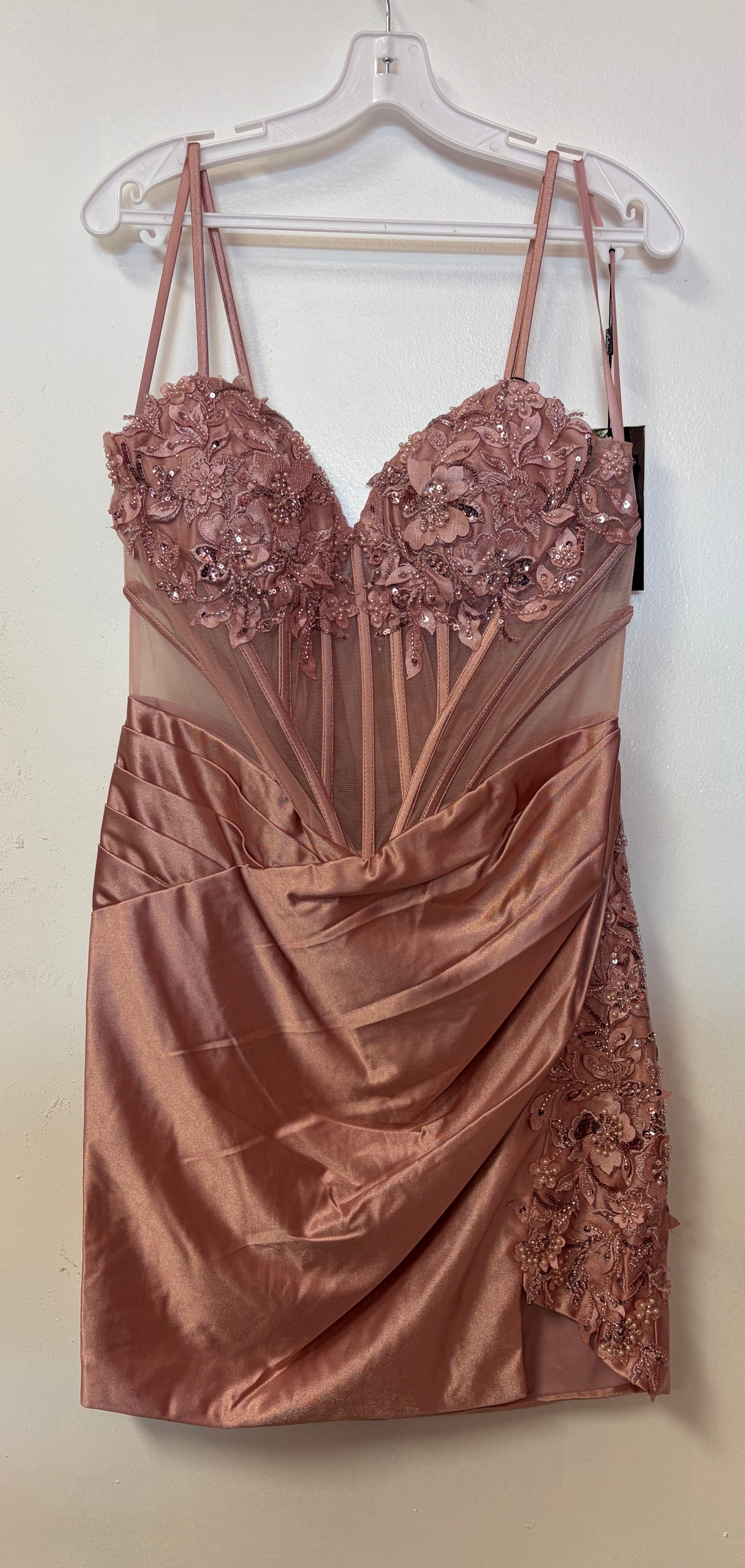 Adora 1075 Rose Gold Embellished Corset Homecoming Dress with 3D Floral Appliqué