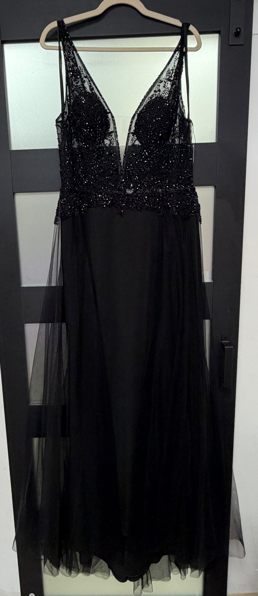 JVN by Jovani JVN02253 Black Beaded Illusion Tulle A-Line Gown