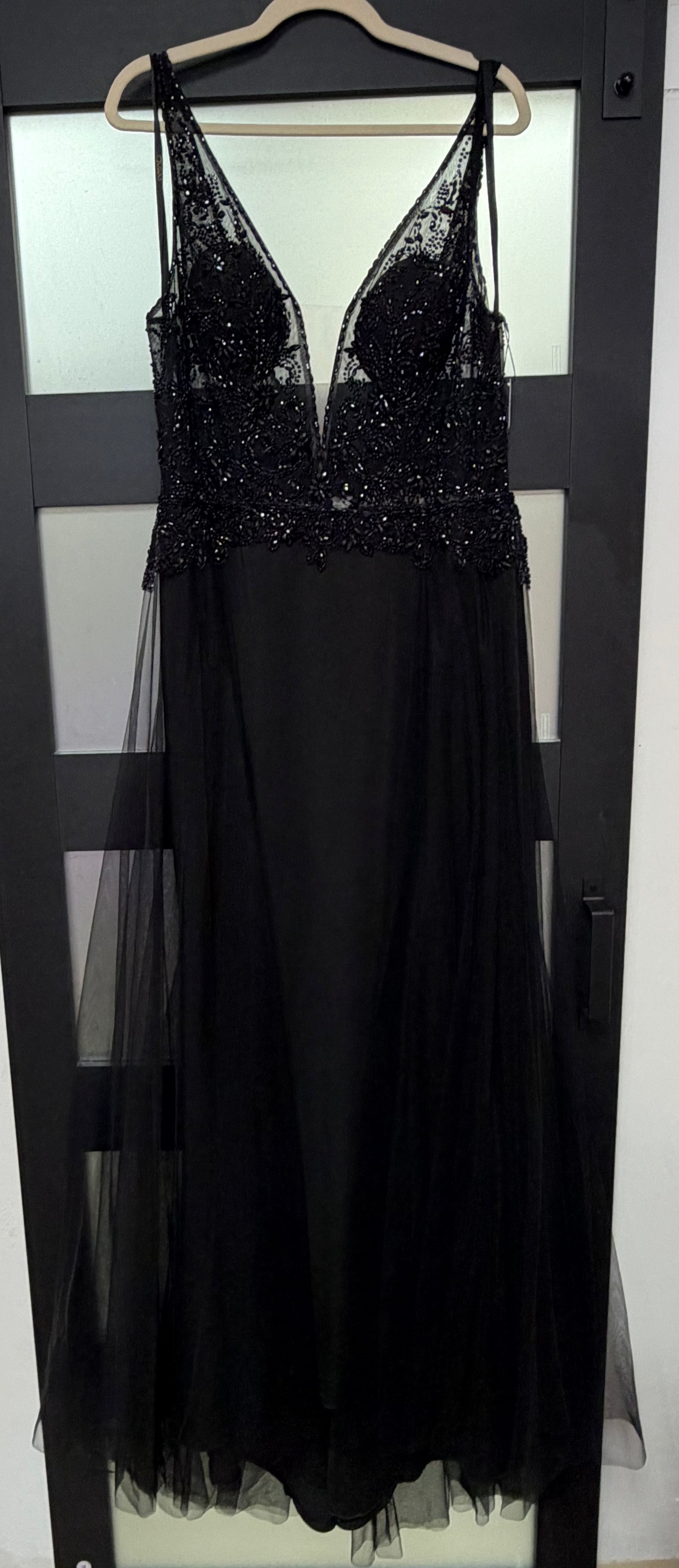 JVN by Jovani JVN02253 Black Beaded Illusion Tulle A-Line Gown
