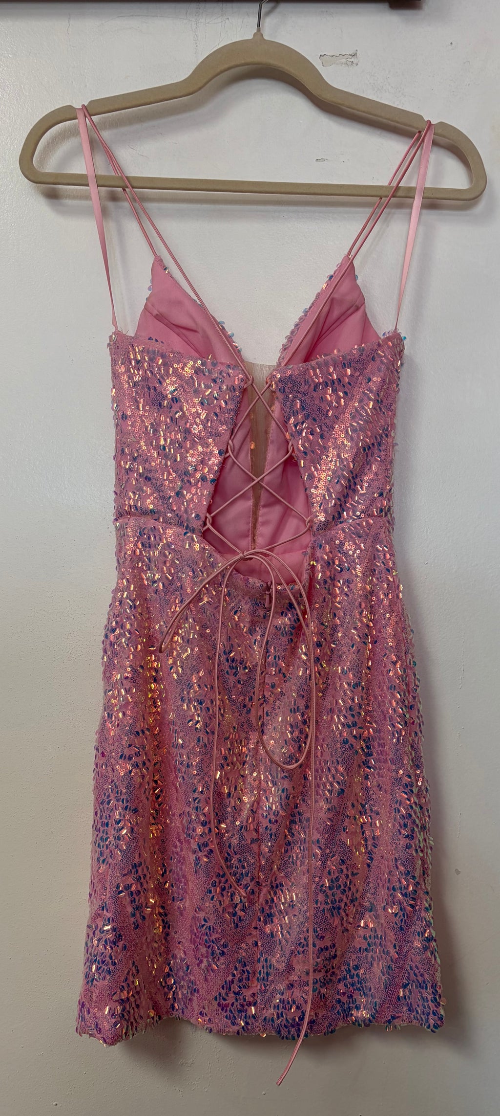Nox Anabel R755 Pink Iridescent Beaded Cocktail Dress