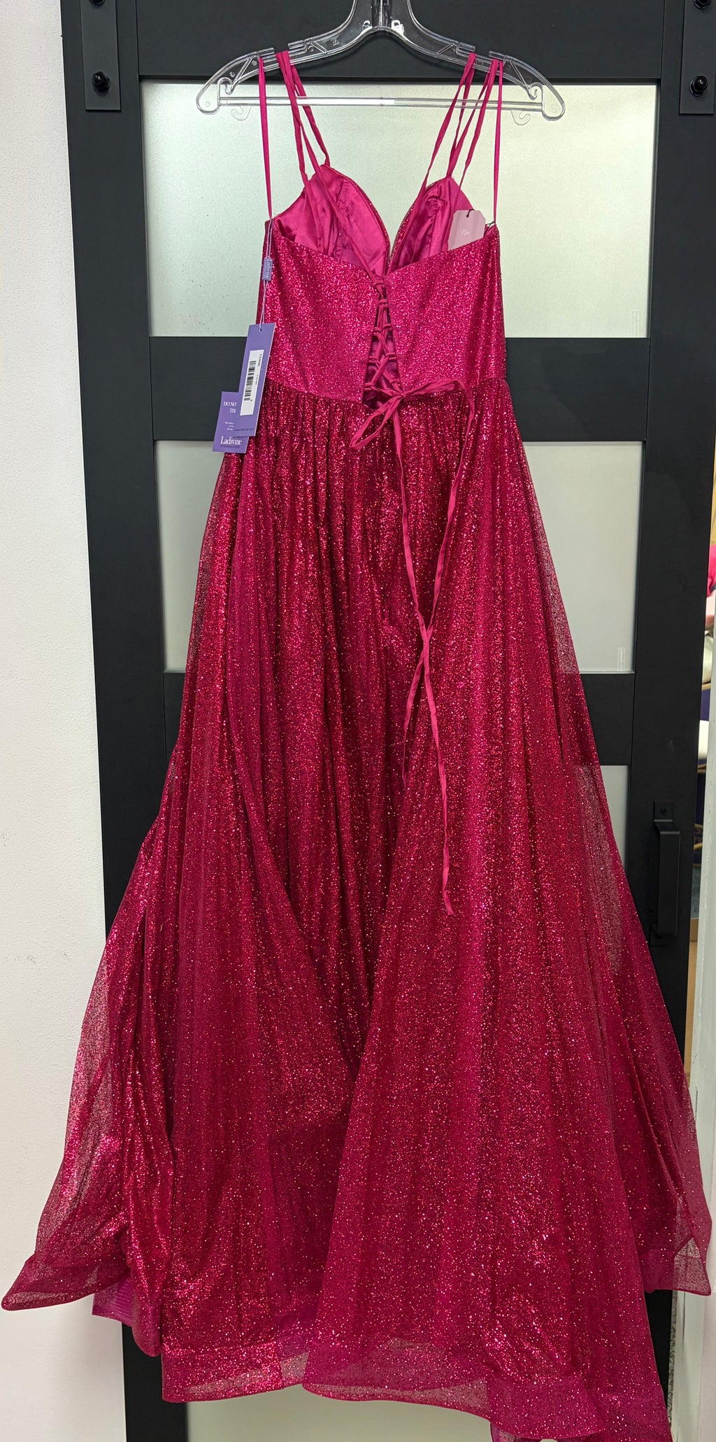 LaDivine CD996 Fuchsia Glitter Tulle Ball Gown with Lace-Up Back