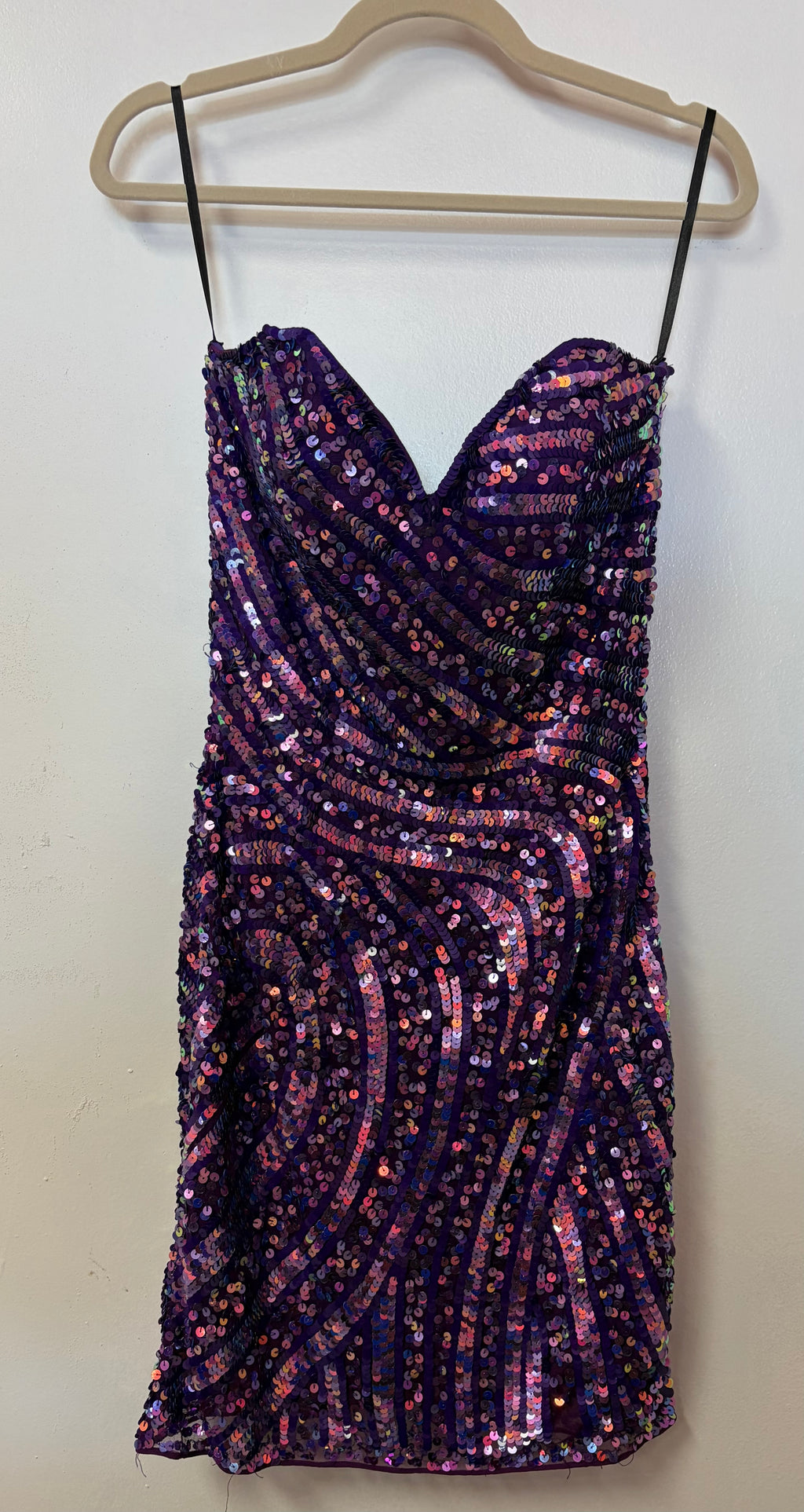 Mac Duggal Purple Iridescent Sequin Bodycon Dress – Ruched Party Mini Dress