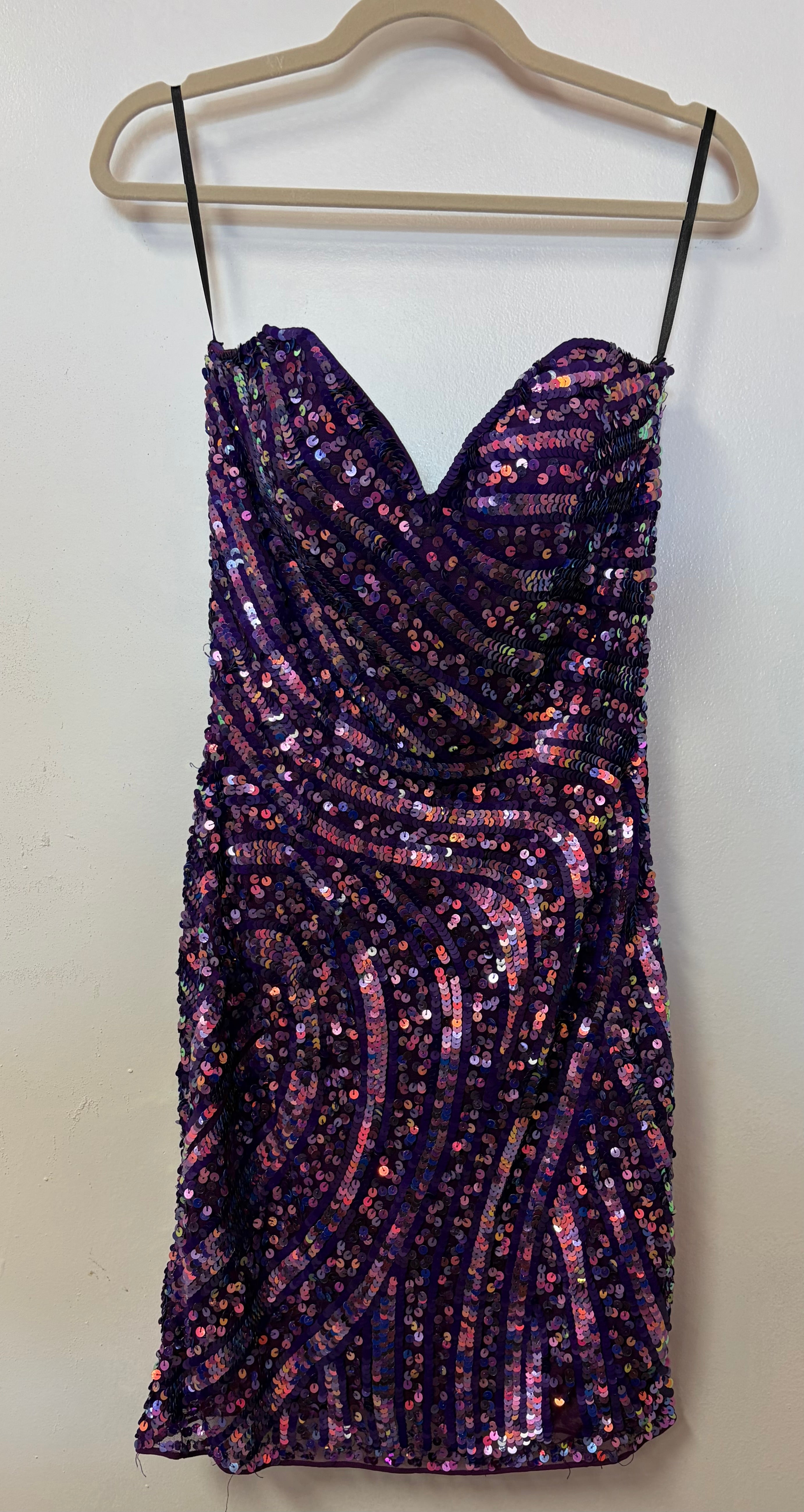 Mac Duggal Purple Iridescent Sequin Bodycon Dress – Ruched Party Mini Dress