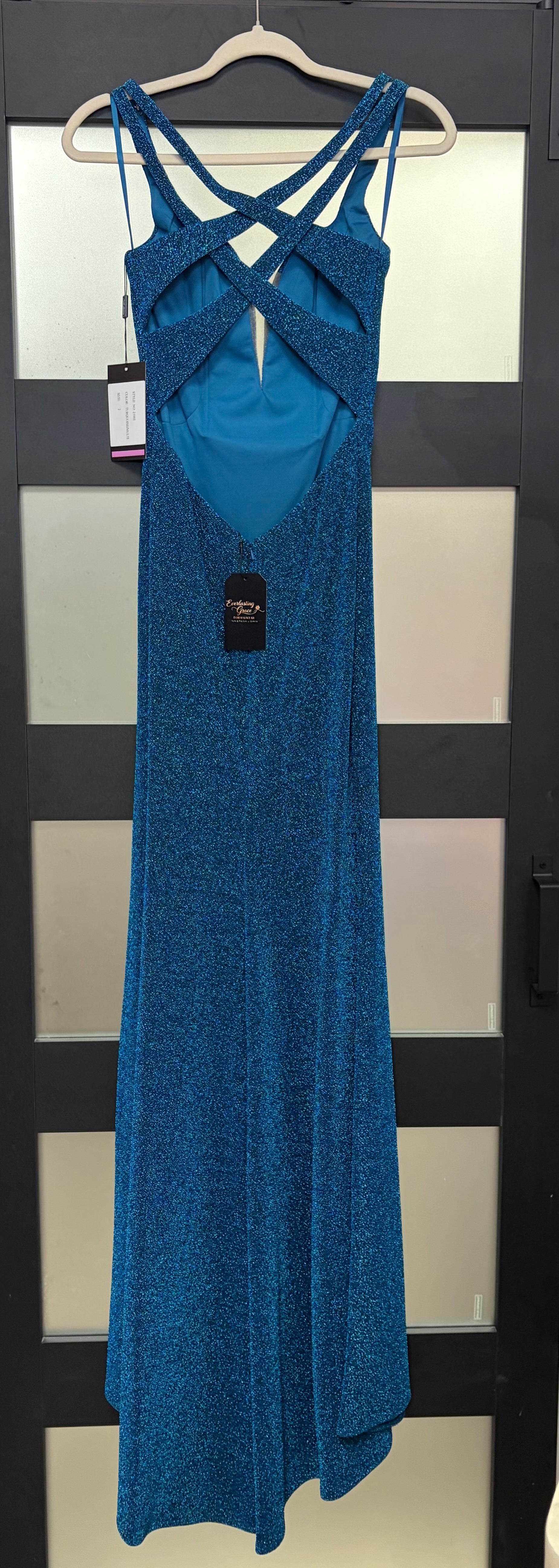 La Femme 25901 Peacock Blue Glitter Column Gown with Open Back