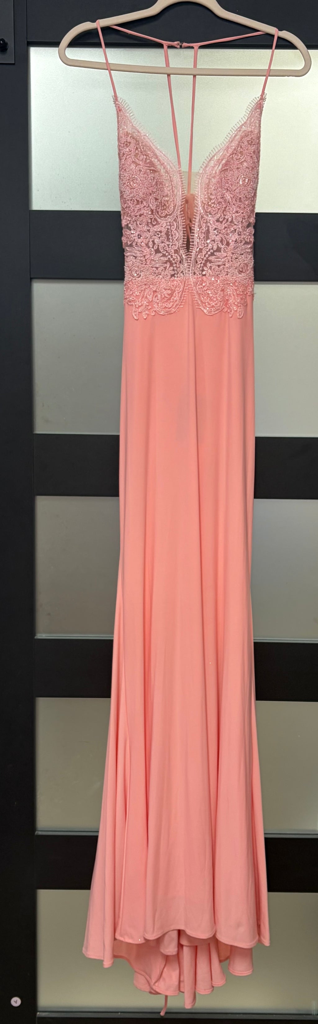 Faviana S10273 Soft Blush Lace Bodice Jersey Gown with Lace-Up Back