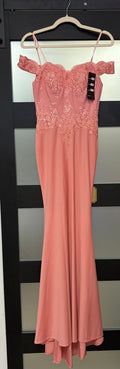 Cinderella Divine CF158 Dusty Rose Off-the-Shoulder Lace Appliqué Mermaid Formal Gown
