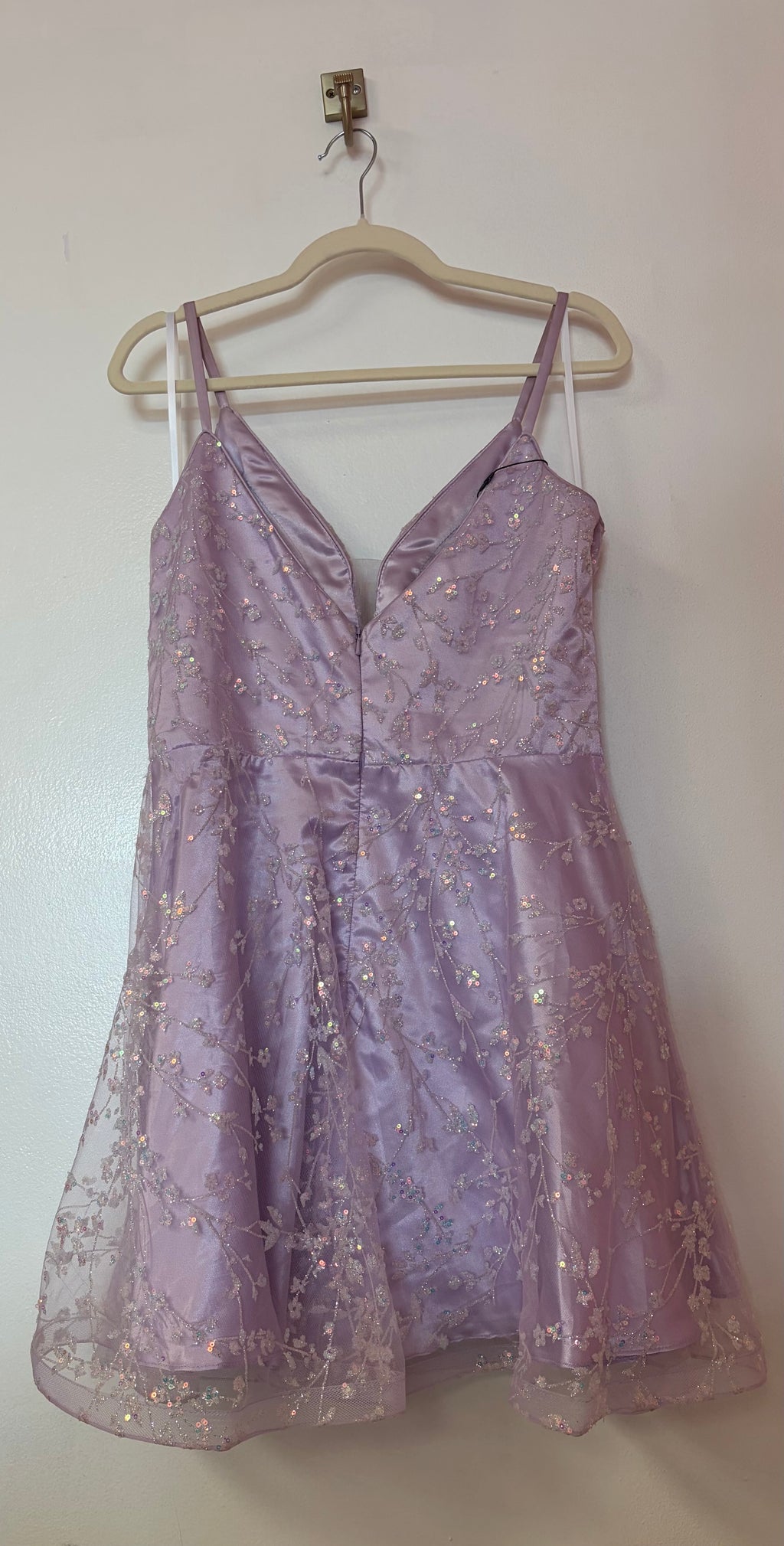 Tiffany Designs 27337 Lilac Glitter Homecoming Dress with Embroidered Floral Overlay