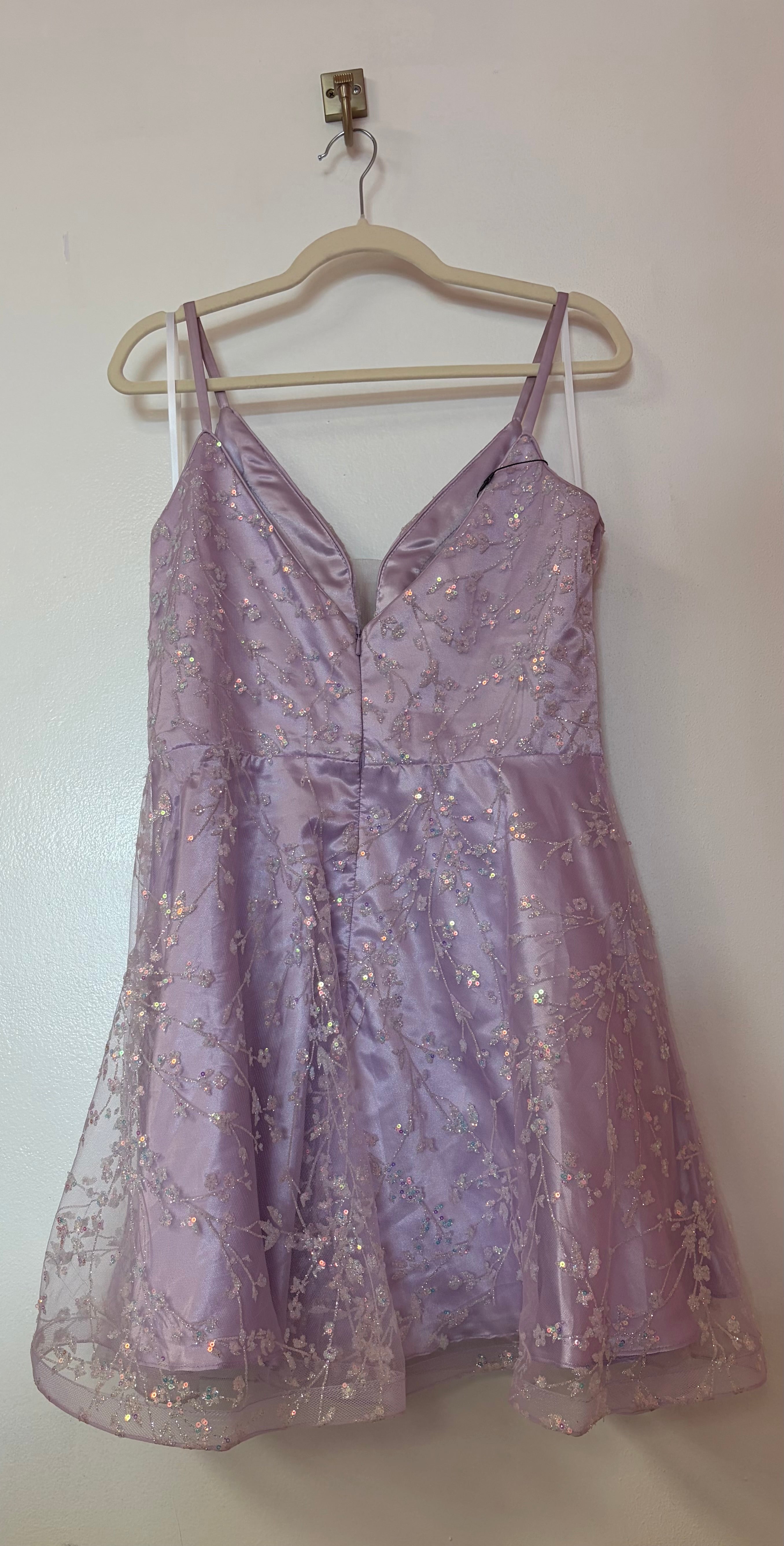 Tiffany Designs 27337 Lilac Glitter Homecoming Dress with Embroidered Floral Overlay