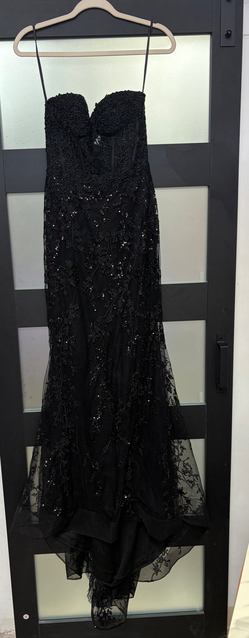 Black Floral Lace Corset Formal Gown with Layered Tulle Skirt