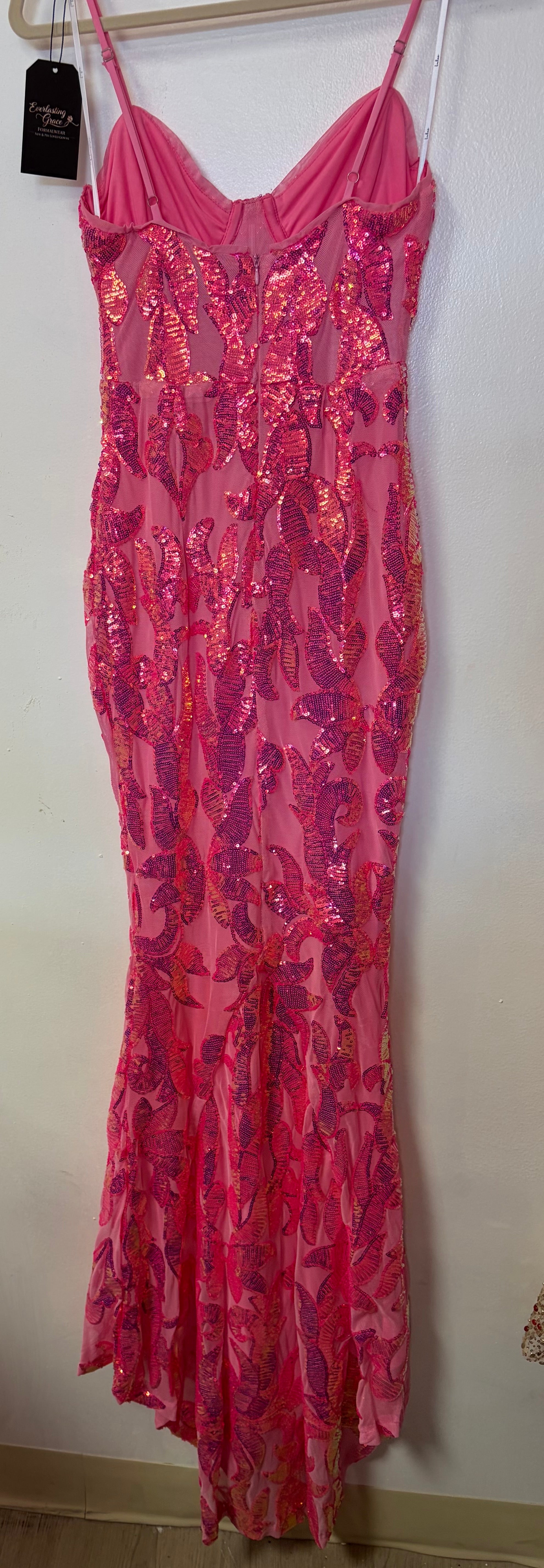 Lulus Hot Pink Sequin Embroidered Mermaid Formal Gown with Illusion Corset Bodice