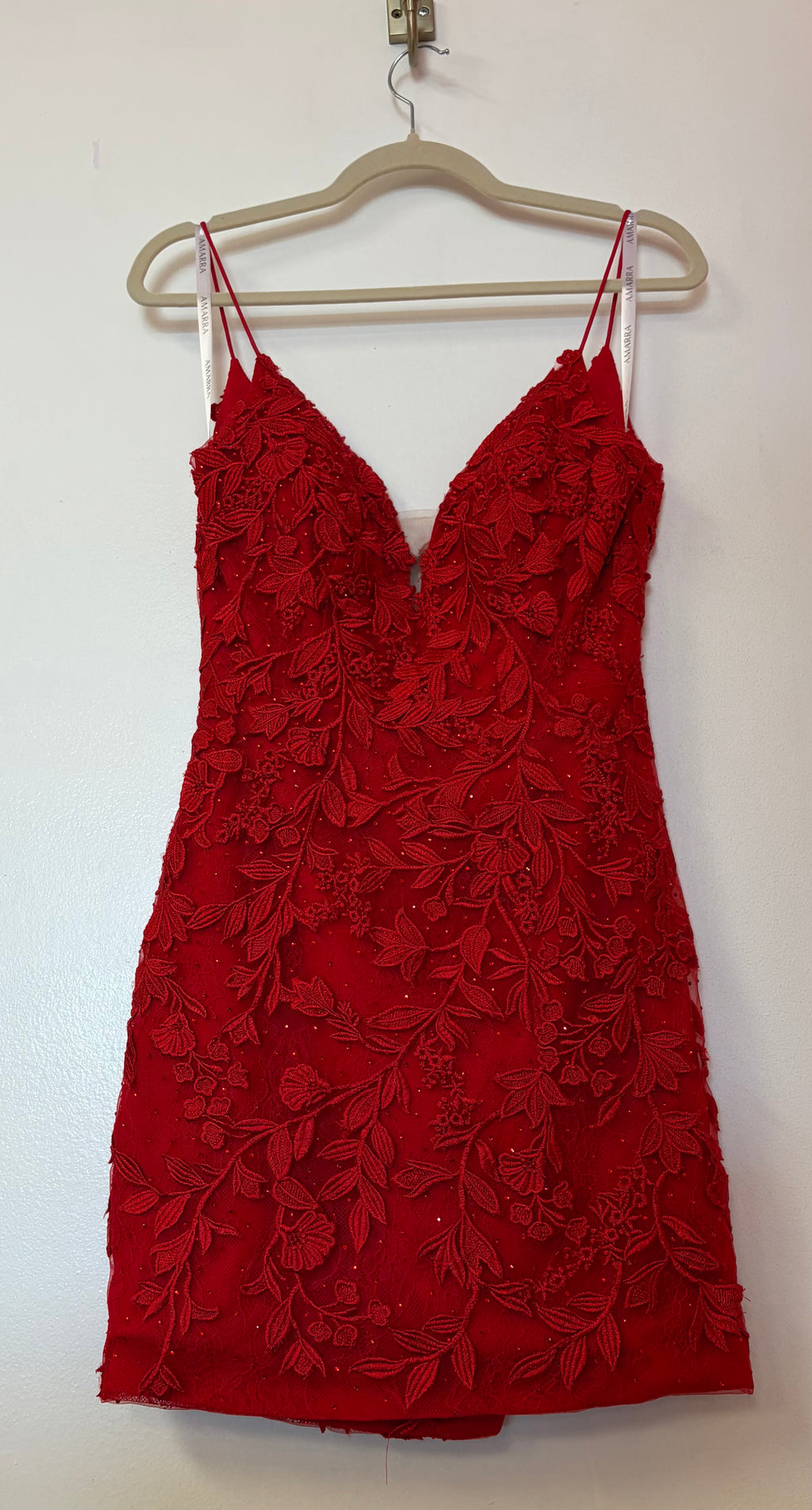 Amarra Red Floral Lace Appliqué Homecoming Dress – Beaded V-Neck Spaghetti Strap Cocktail Dress