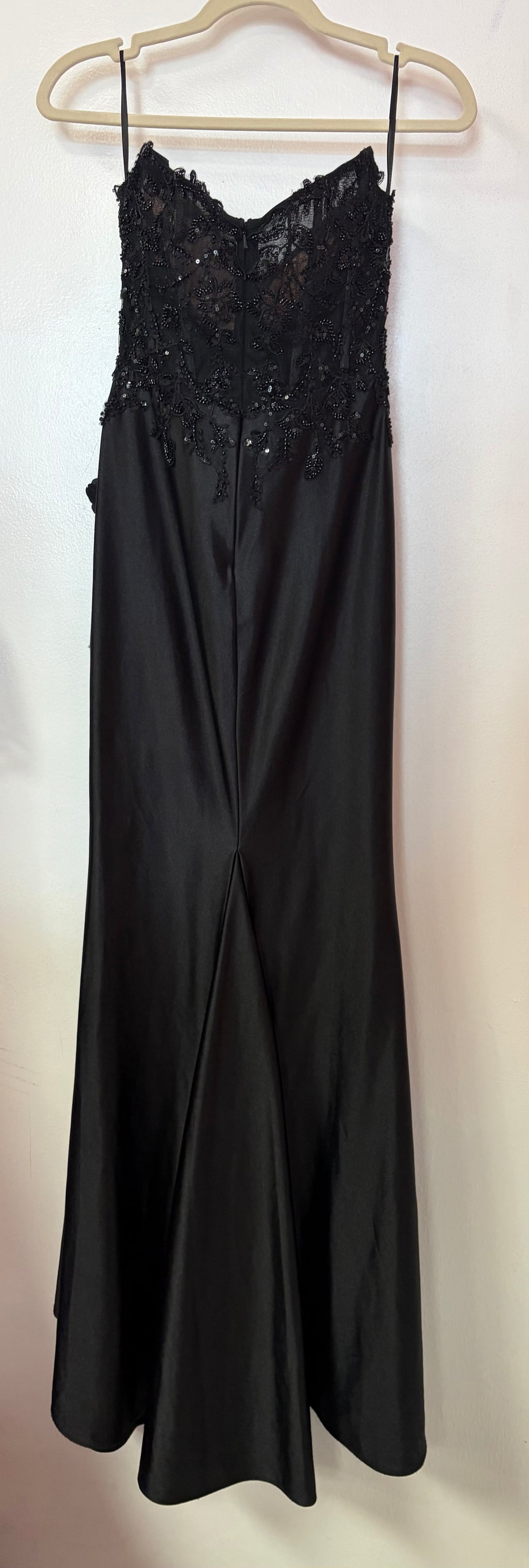 Stacees Black Satin Appliqué A-Line Formal Gown