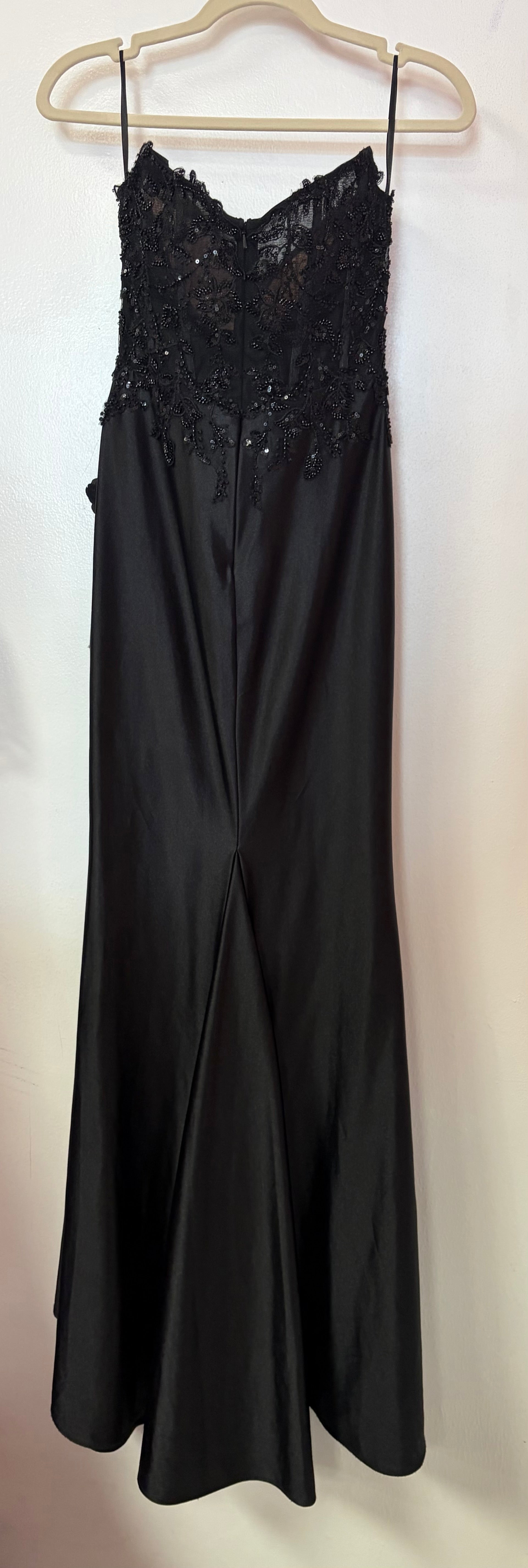 Stacees Black Satin Appliqué A-Line Formal Gown