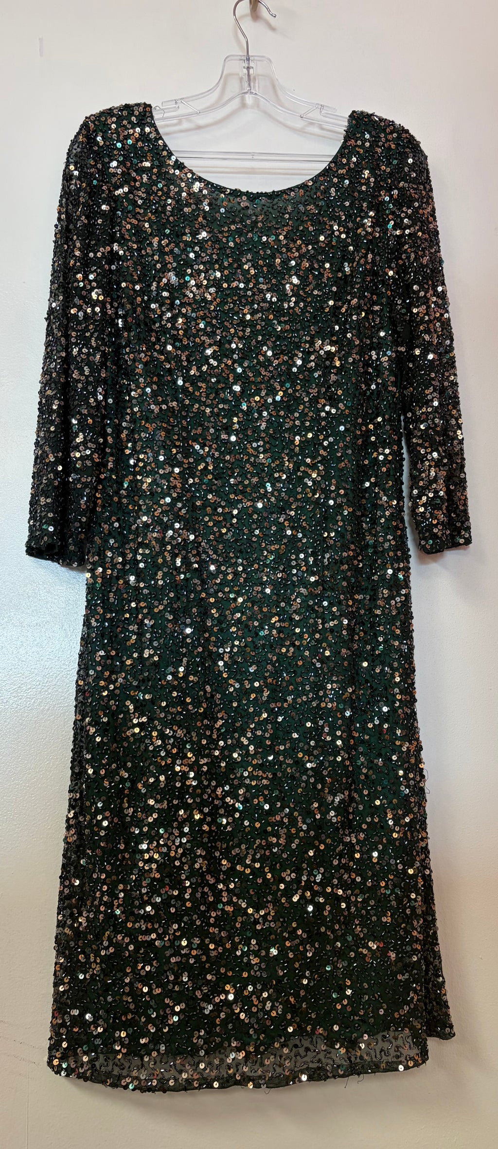 Emerald Green Sequin Cocktail Dress with Long Sleeves and Dramatic Cowl Back