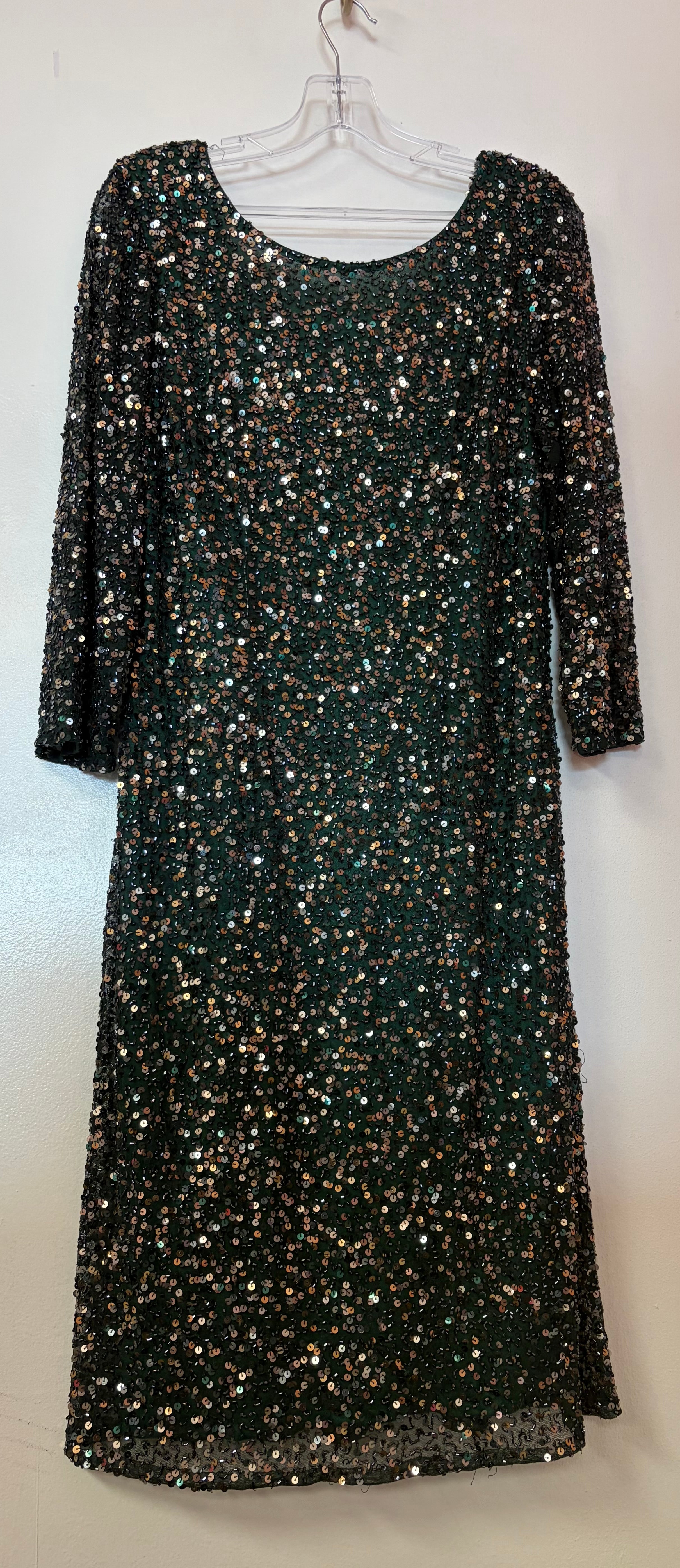 Emerald Green Sequin Cocktail Dress with Long Sleeves and Dramatic Cowl Back