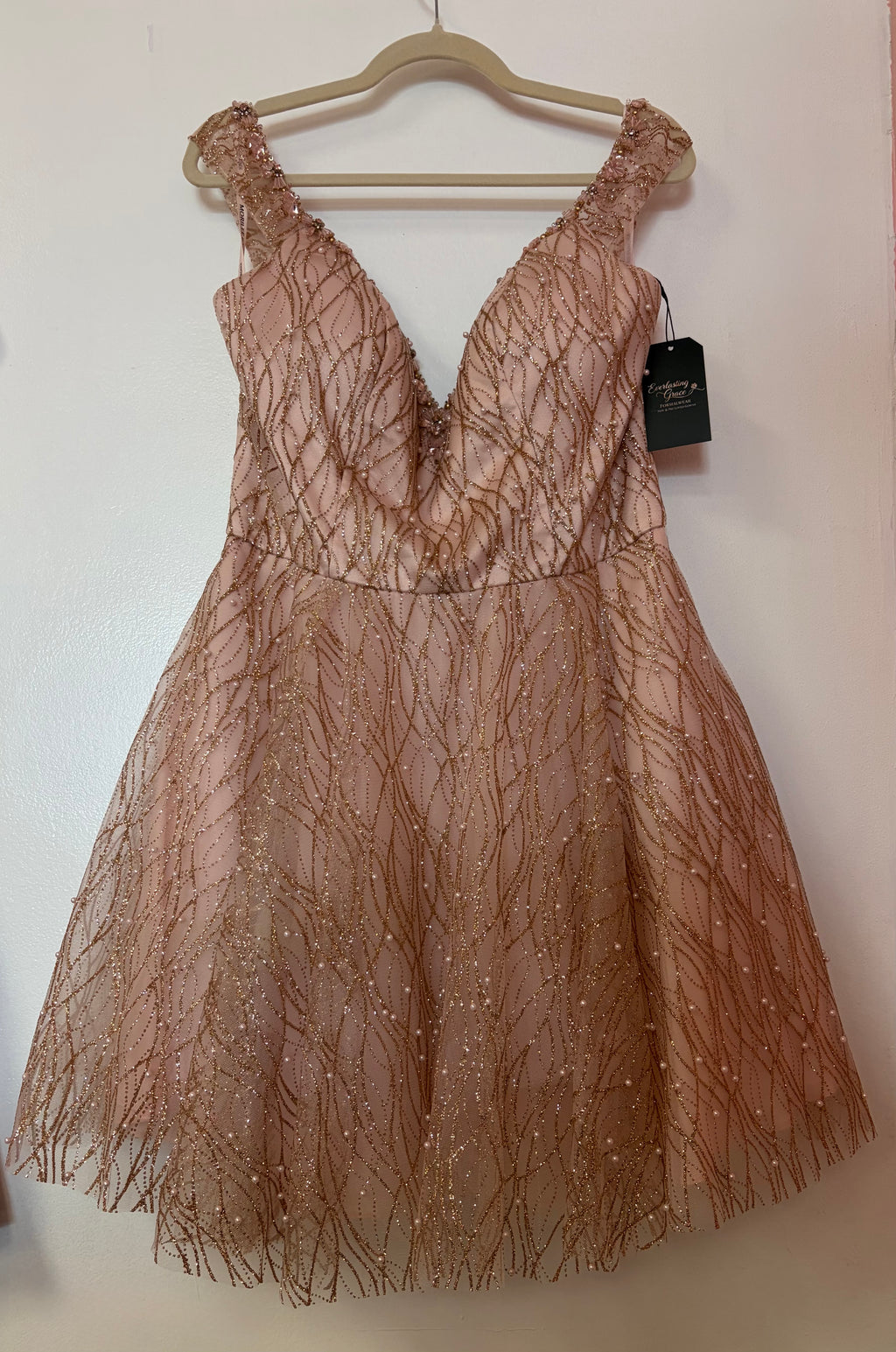 Morilee by Madeline Gardner 9510 Blush Gold Glitter A-Line Homecoming Dress with Pearl Beading